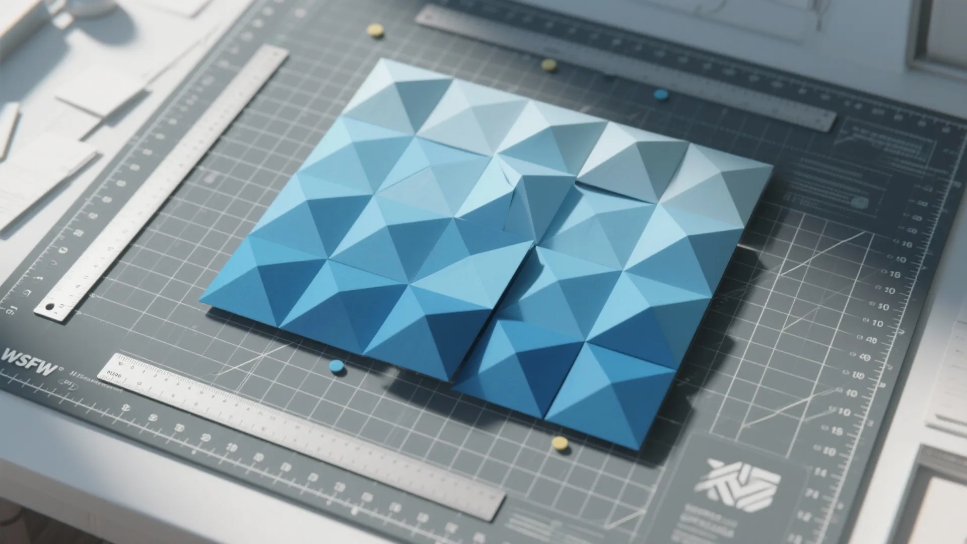 Interior design drawing showing a blue geometric 3D model placed on a dark grey mat