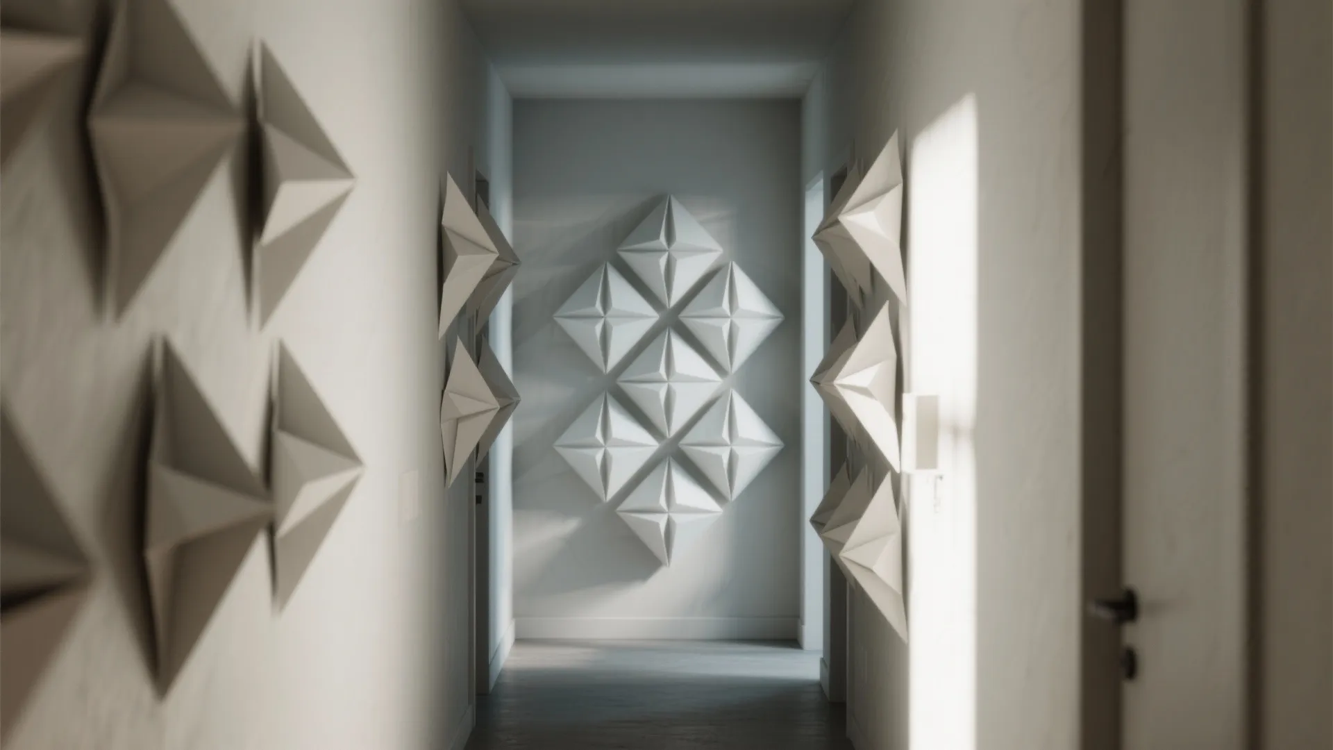 White hallway with 3D diamond shaped wall panel art and natural light from a window