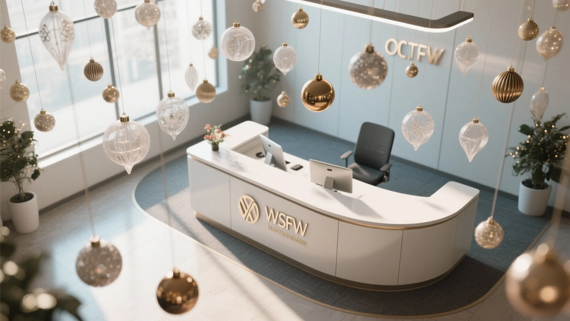 Bright white office reception desk with hanging glass ball decorations and gold holiday theme ornaments
