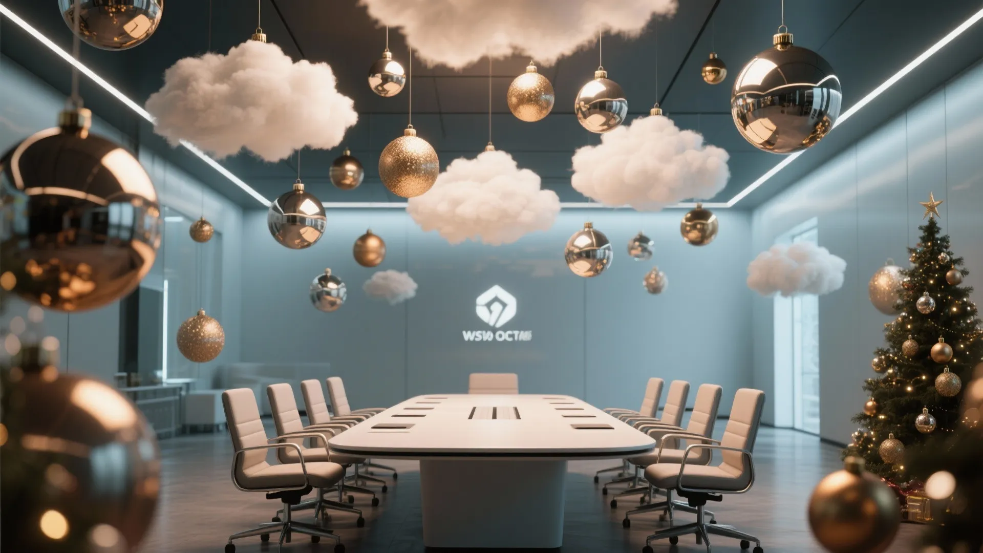 Modern office meeting room with white table, hanging cloud decorations, shiny balls, and Christmas tree