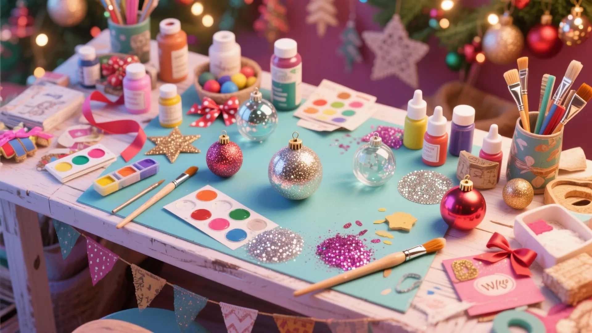 Christmas craft table with glitter paint bottles brushes and glass ball ornaments for holiday decoration