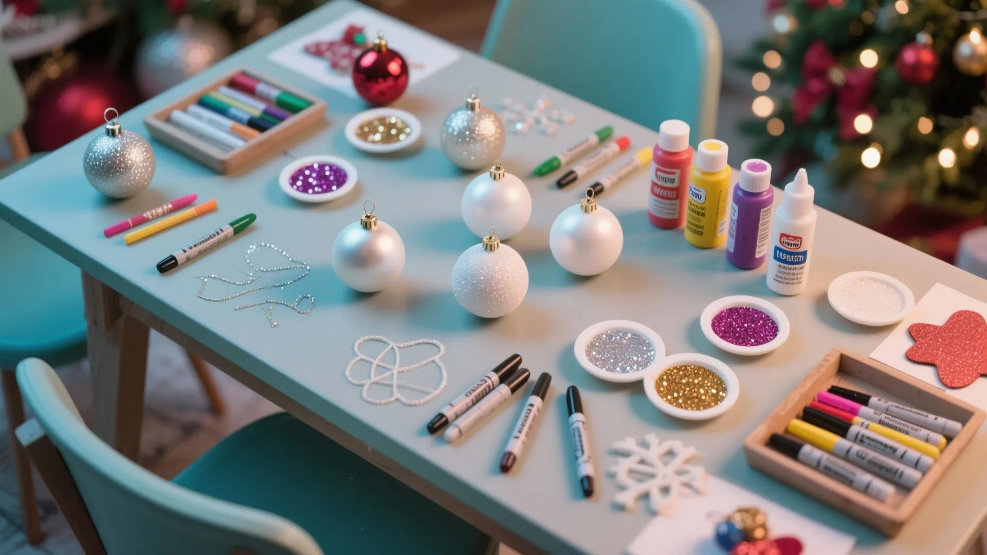 Table with white Christmas balls and colorful pens plus glitter for holiday craft making activities