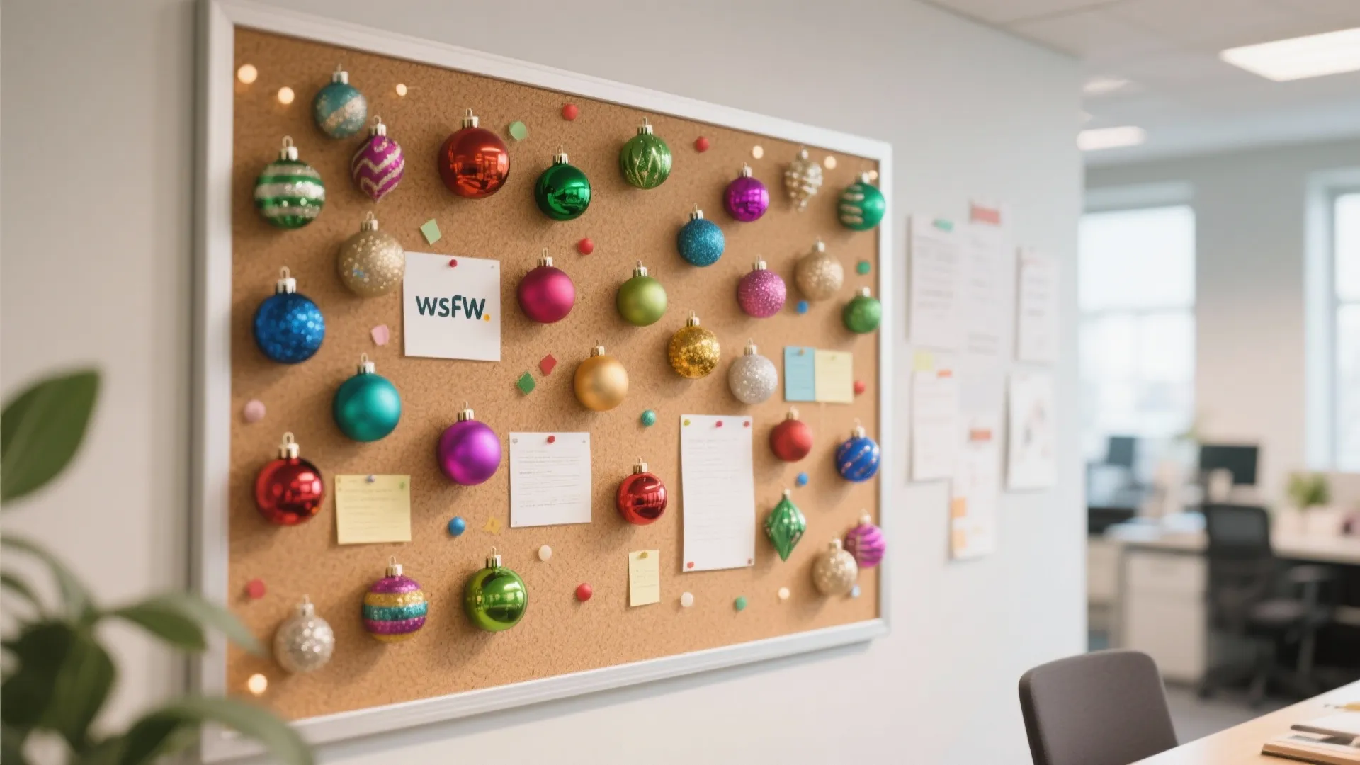 Office cork board decorated with colorful holiday ball ornaments and small paper notes in natural light