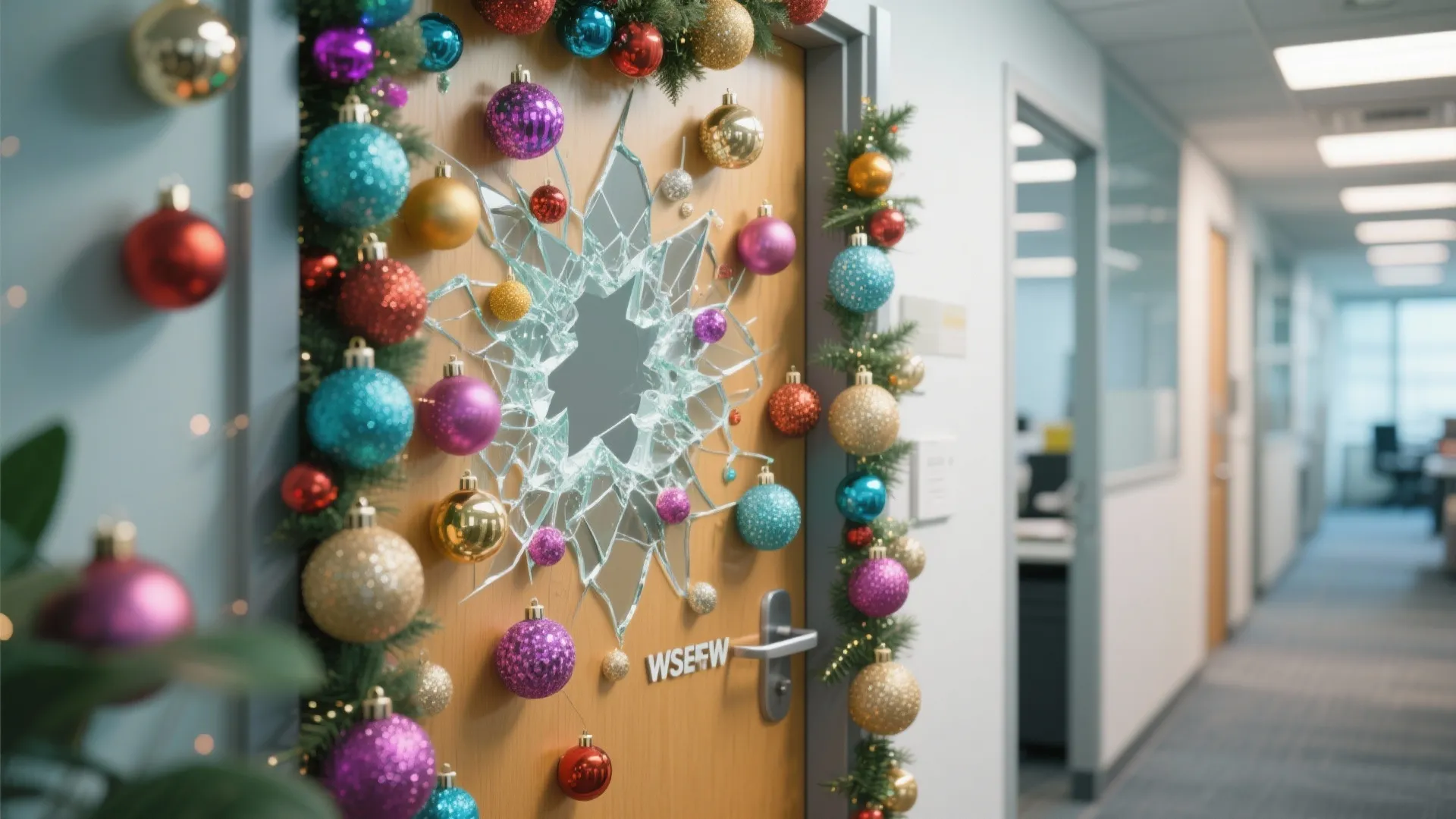 Office door with broken glass center surrounded by colorful Christmas ball ornaments and green garland