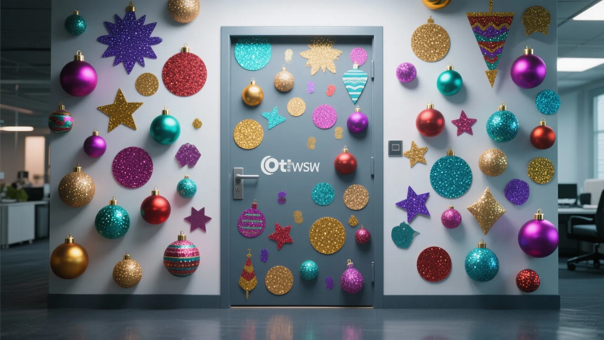 Modern office door and surrounding wall decorated with many colorful sparkly hanging balls and stars