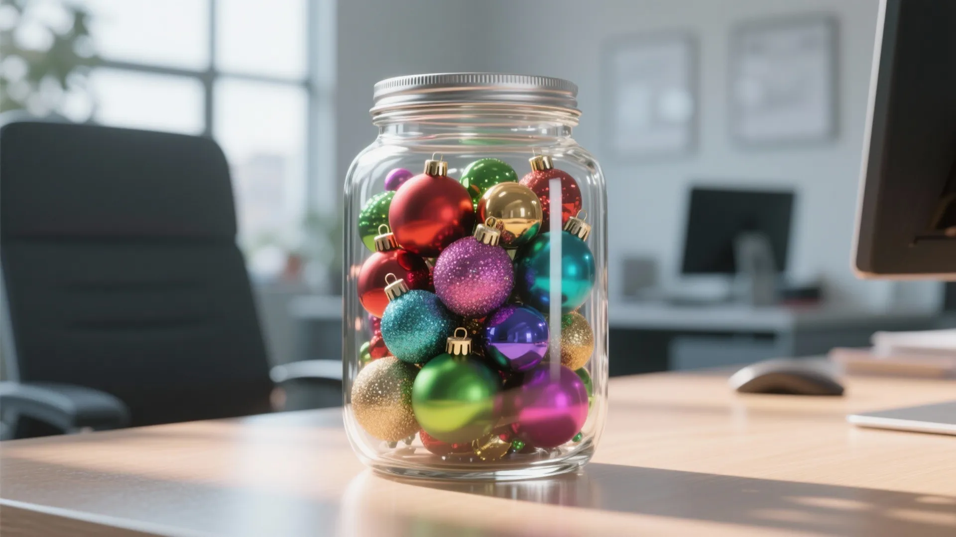 Glass jar filled with colorful Christmas ornaments on a wooden desk in a modern office