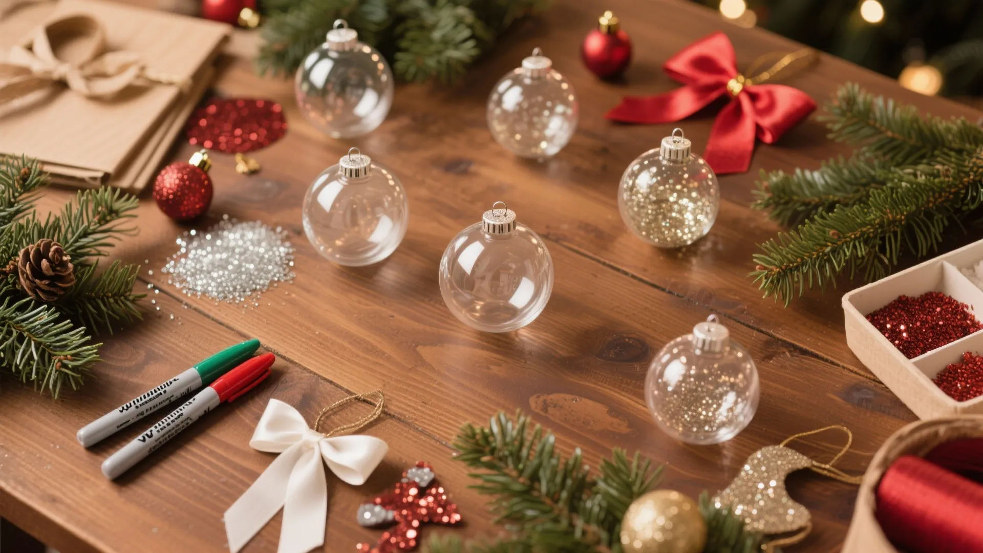 Holiday craft table with clear glass balls glitter markers red bows and green pine branch decorations