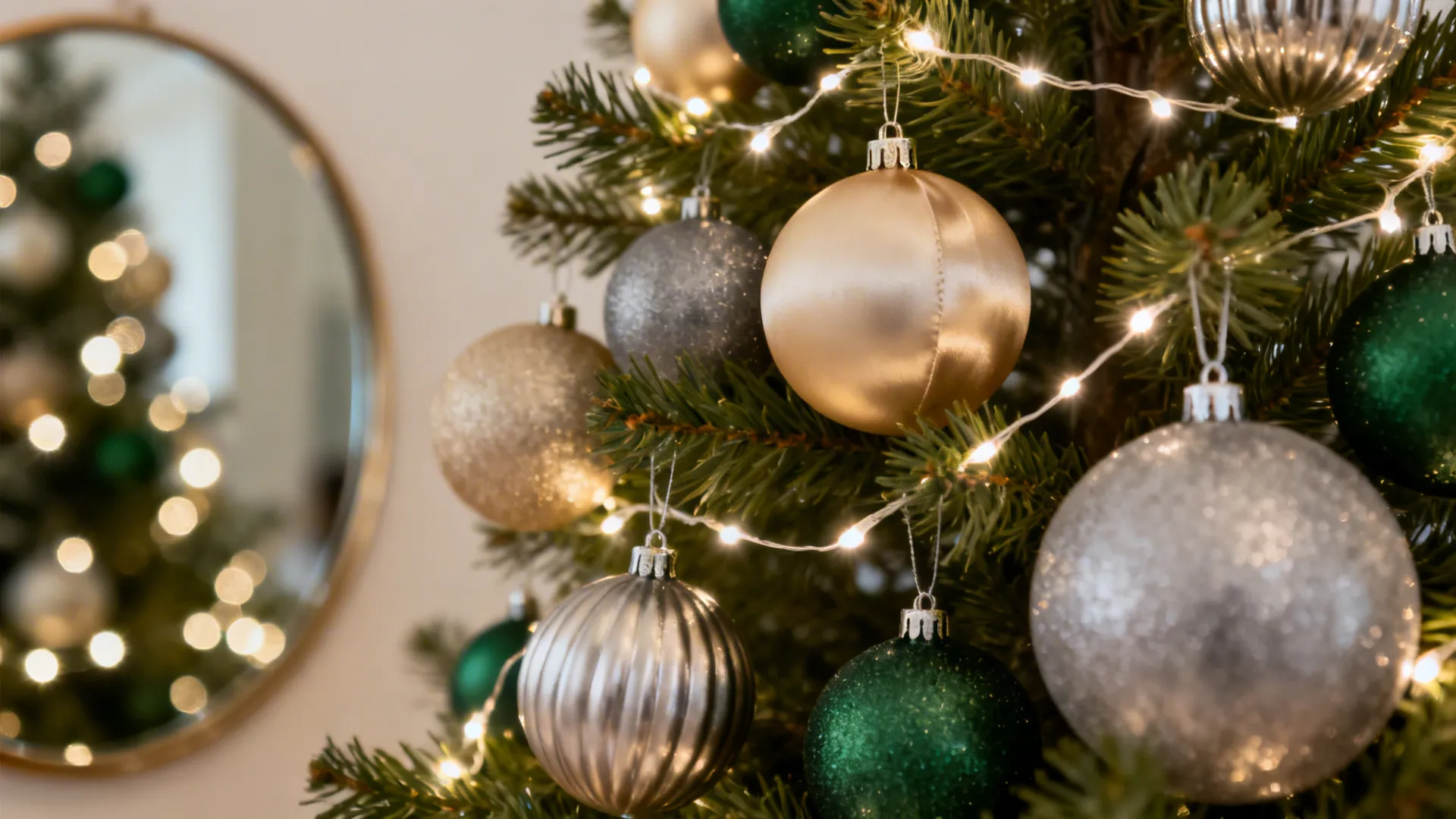Macro of metallic and matte ornaments on a slim tree with warm LED bokeh.