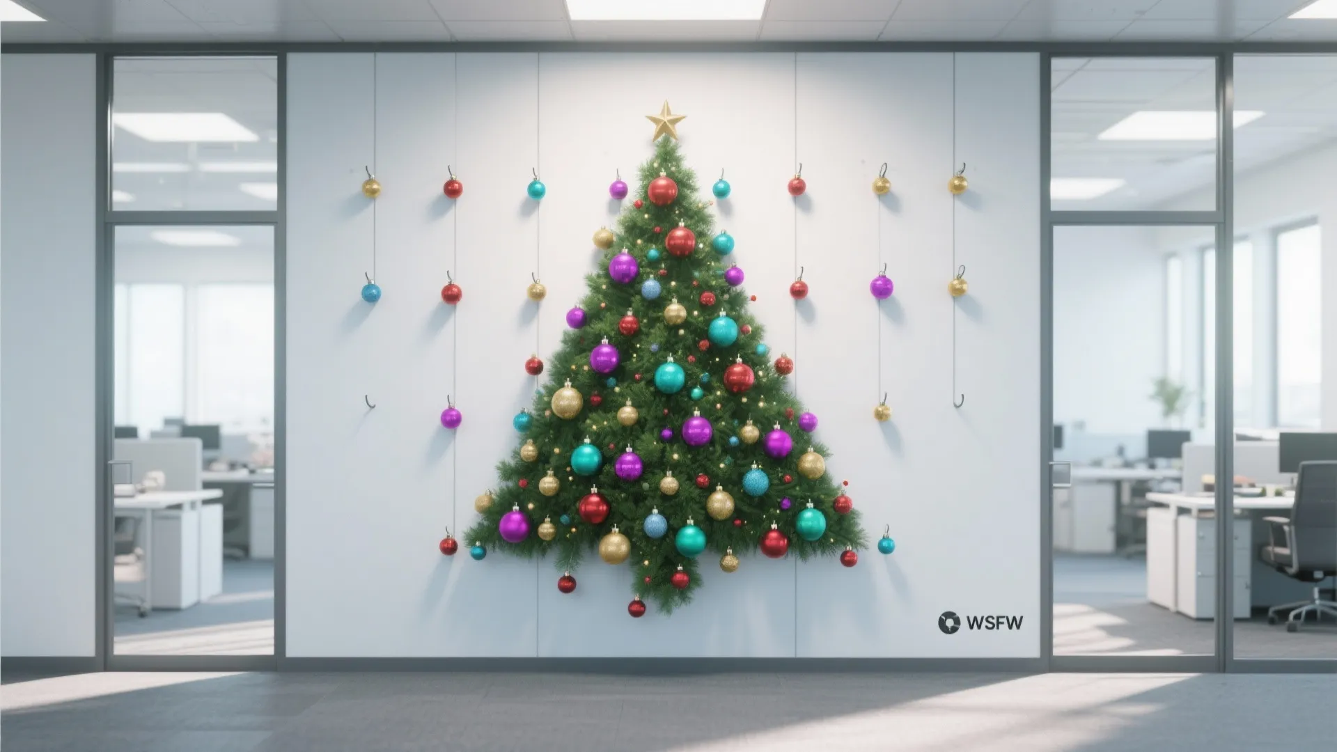 Modern office wall with a flat Christmas tree made of greenery and many colorful ornaments