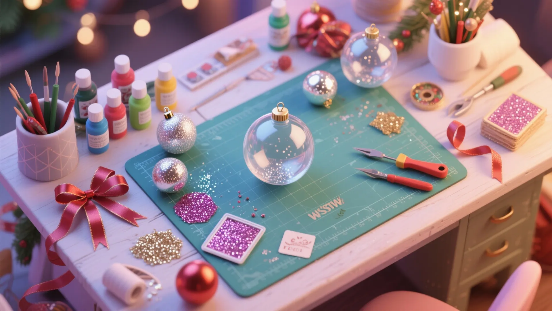 Table with craft tools and clear glass balls for making custom Christmas ornaments with glitter