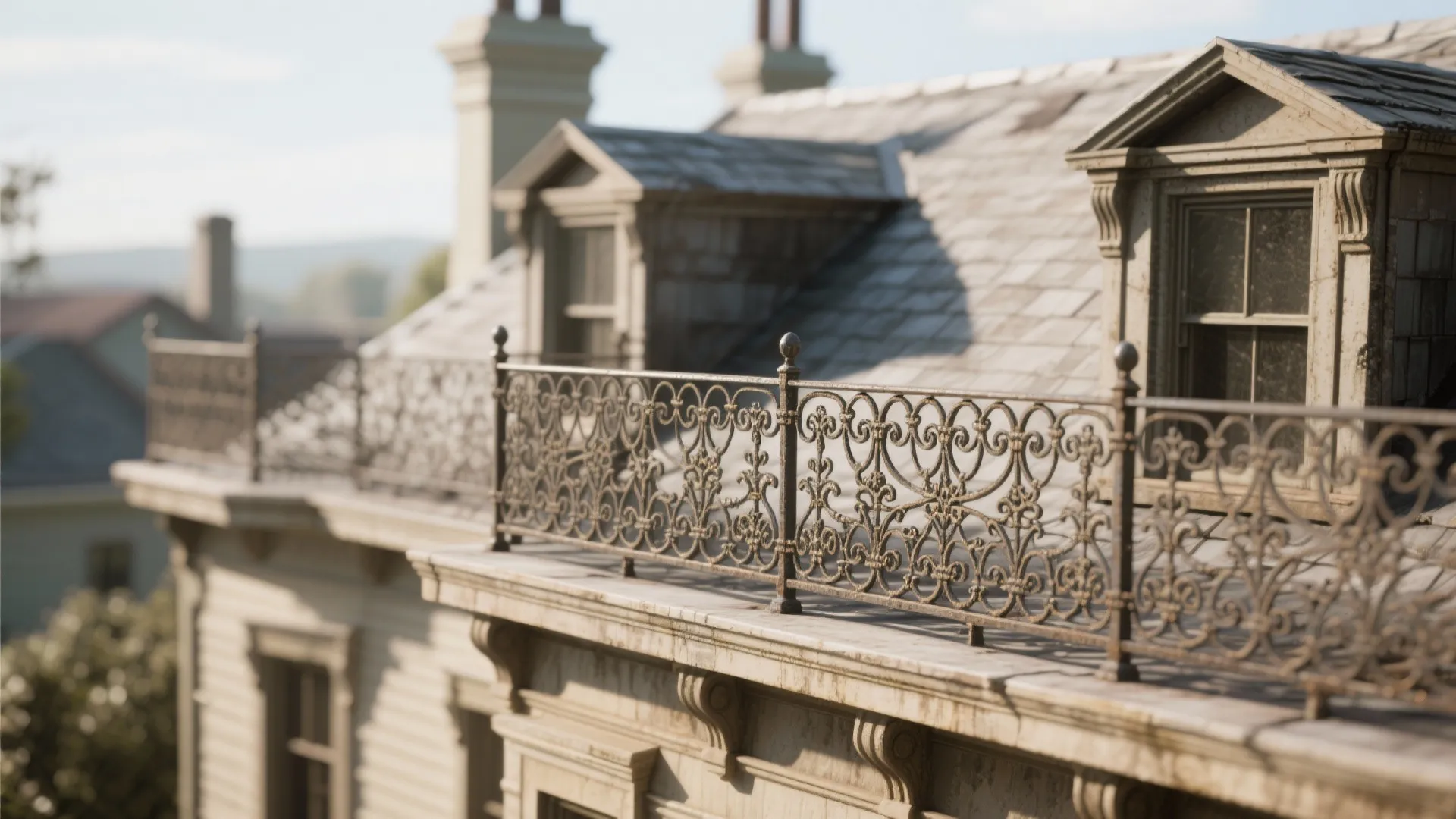 Classic stone balcony with decorative metal railing and two roof window dormers on a house