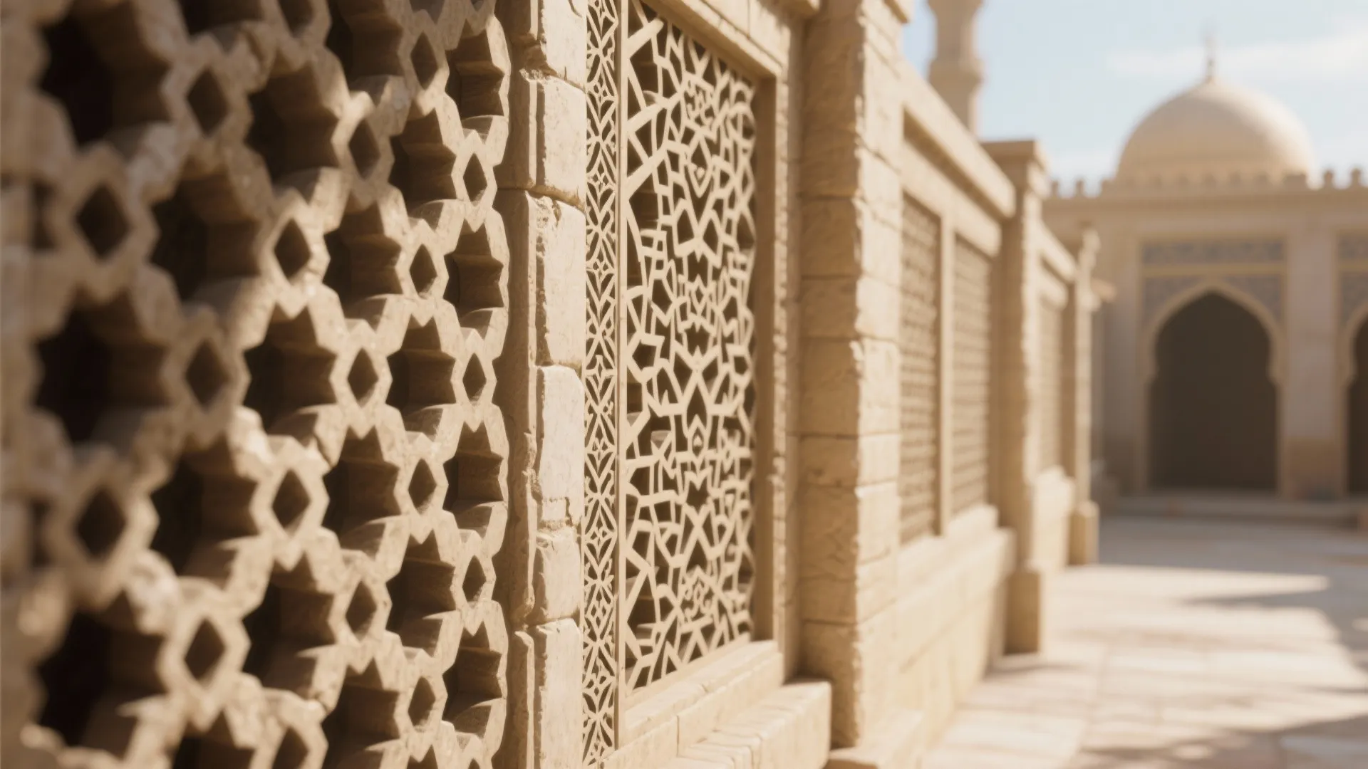 Intricate stone wall with geometric patterns and star shapes near a building with a dome