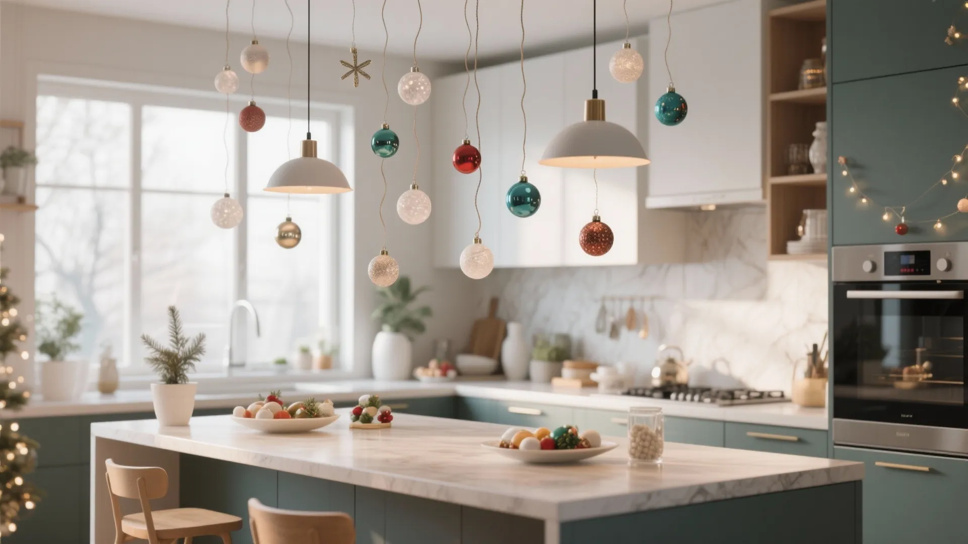 Modern kitchen island with white ceiling lights and colorful Christmas ornaments hanging from the ceiling wires