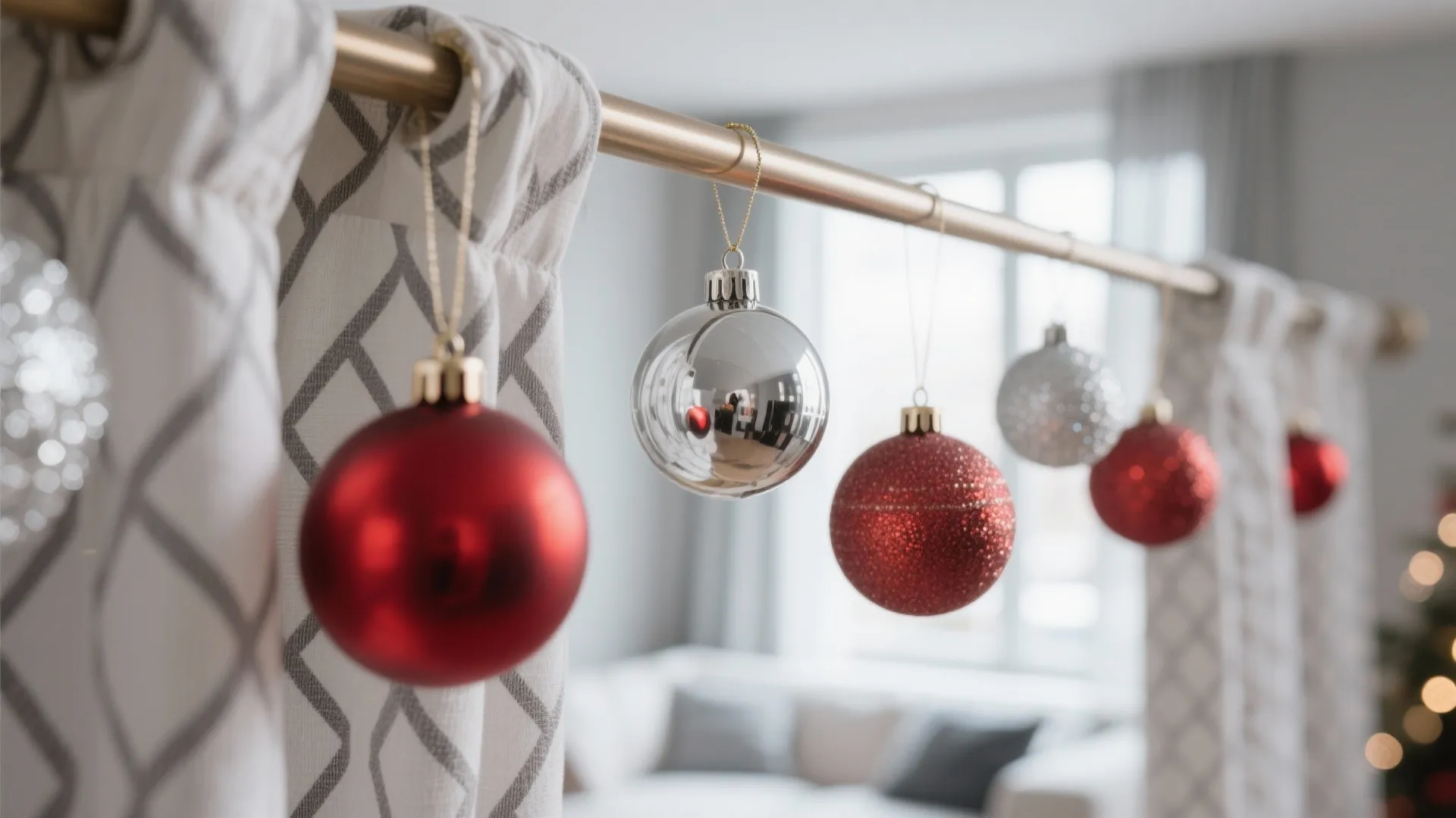 Holiday ornaments hanging from curtain rod with soft daylight