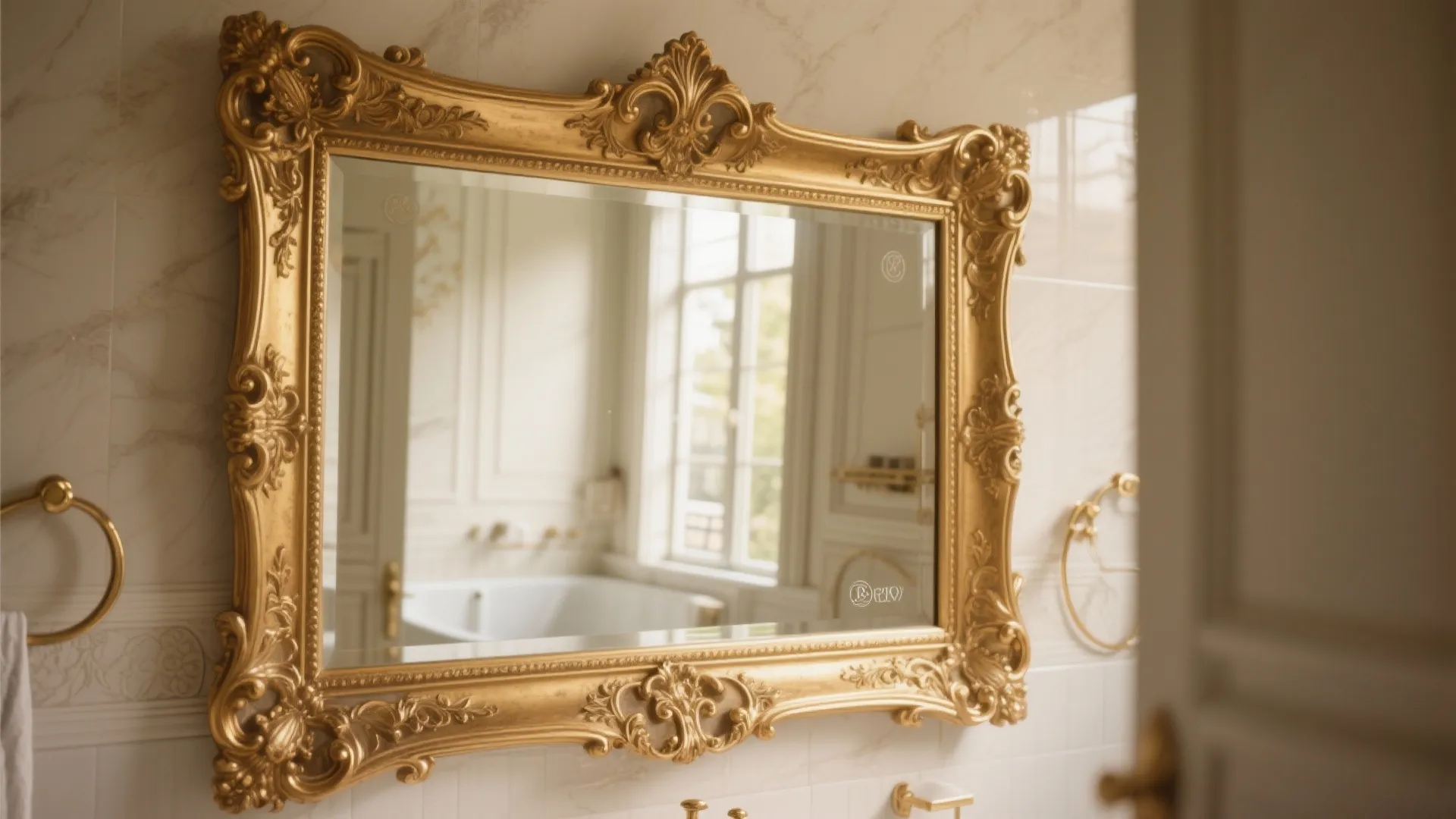Large classic gold wall mirror hanging above a white marble sink in a bright bathroom