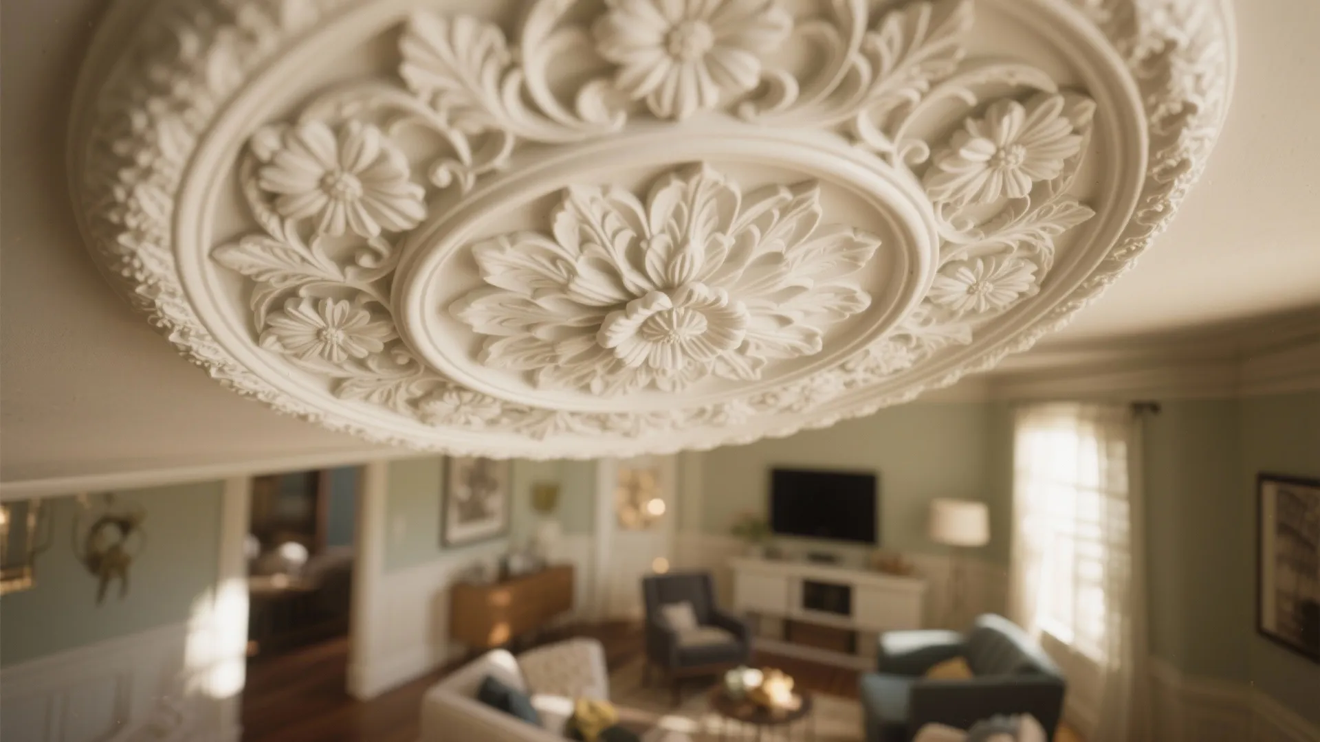 Detailed white flower ceiling decoration above a blurred modern living room with sofa and television