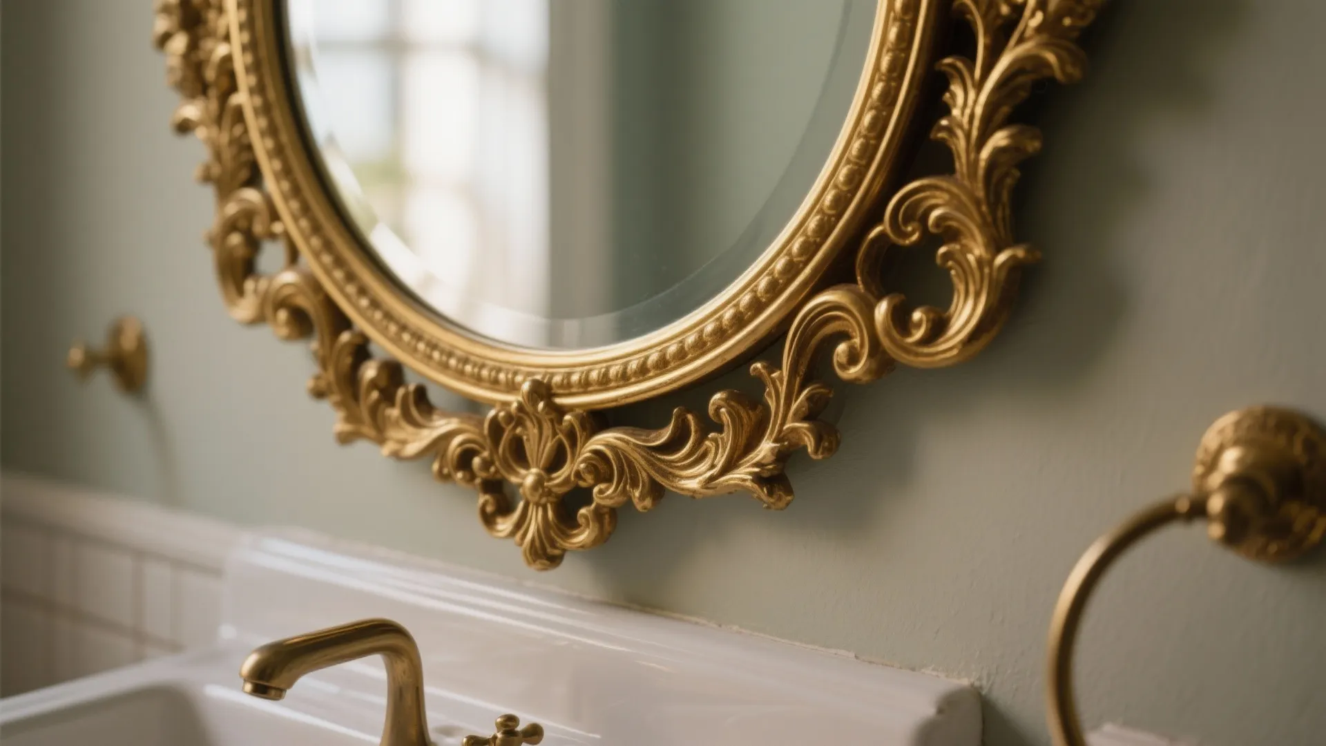 Close-up of an ornate gold wall mirror hanging above a white bathroom sink and faucet