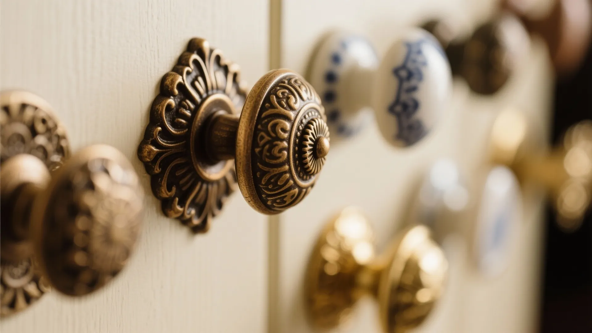 Close-up of ornate brass and porcelain kitchen hardware