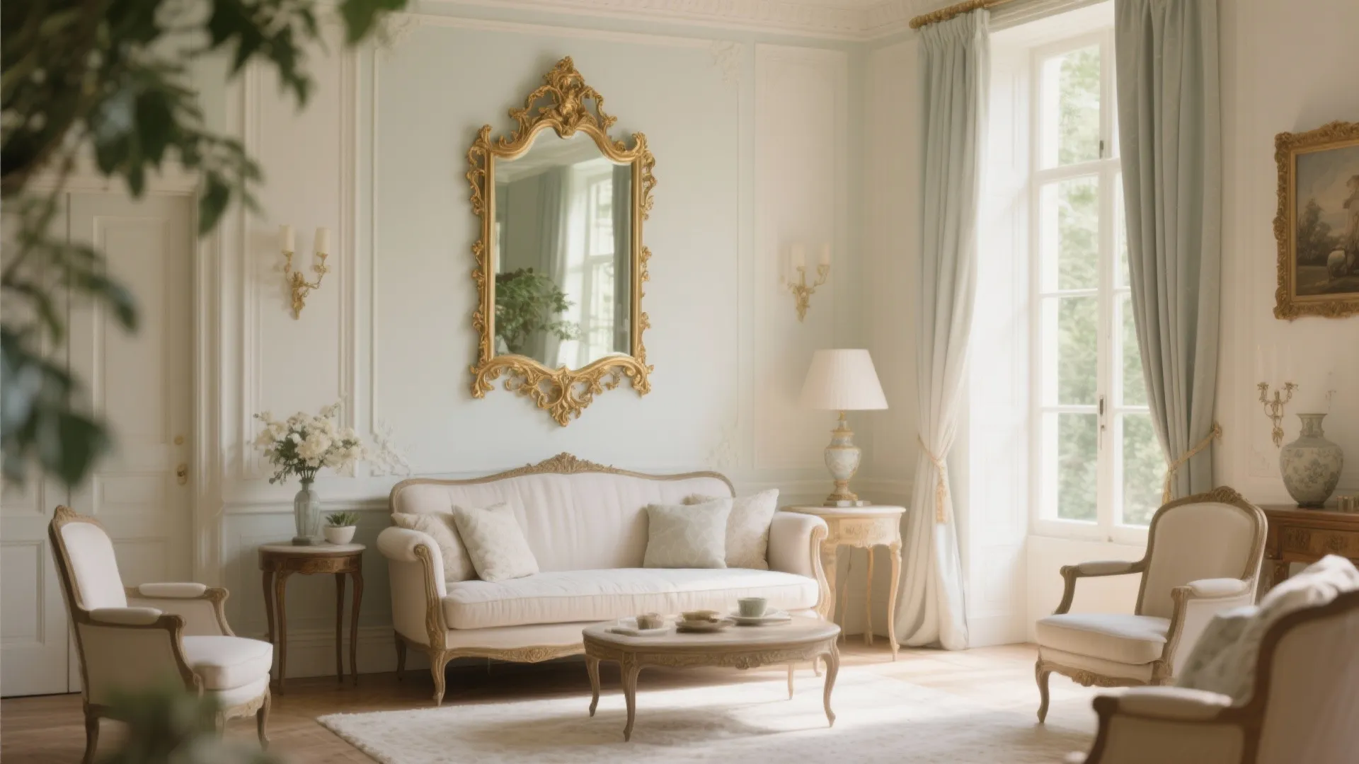 Gilded ornate mirror reflecting light in a French living room