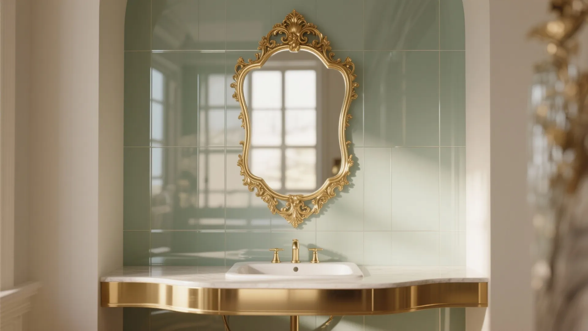 Gold ornate mirror hanging above white sink with gold faucet and light green wall tiles