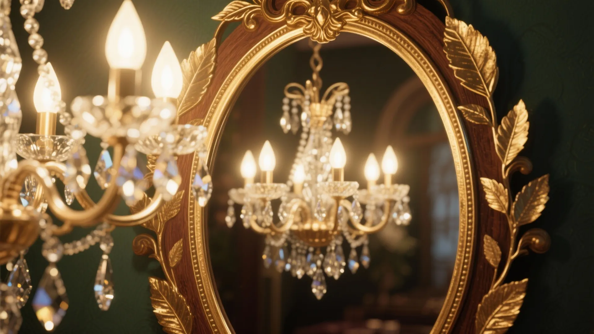 Elegant oval mirror with gold leaf frame reflecting a crystal ceiling light on dark walls