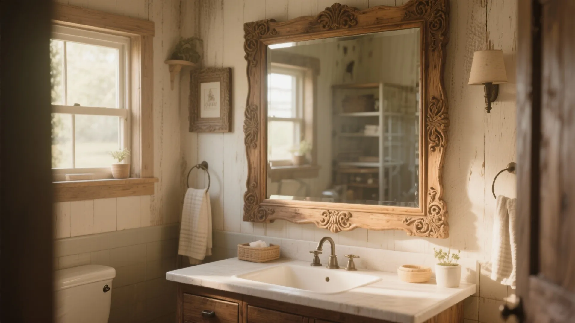 Rustic bathroom with large wooden mirror, white sink, wooden cabinet, wall light, and window with light