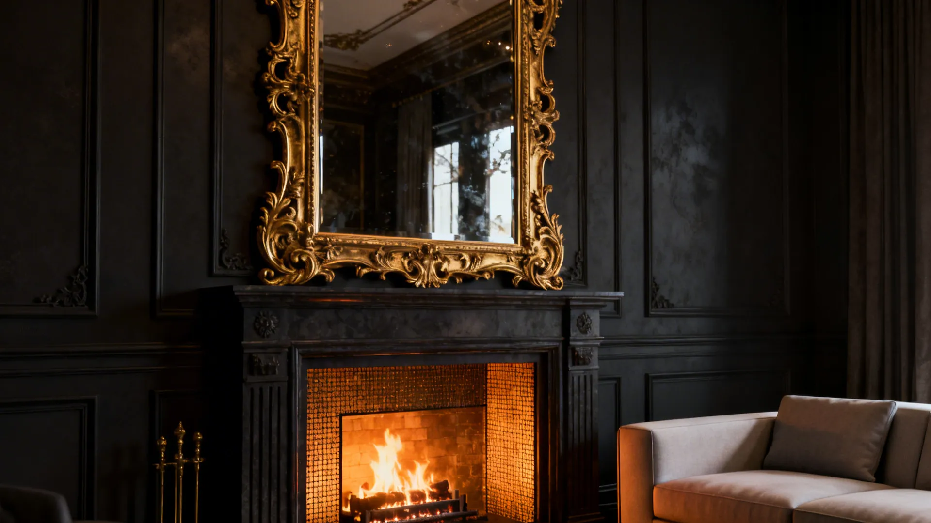 Ornate gold mirror mounted above a fireplace, balancing modern furnishings with heritage detail.