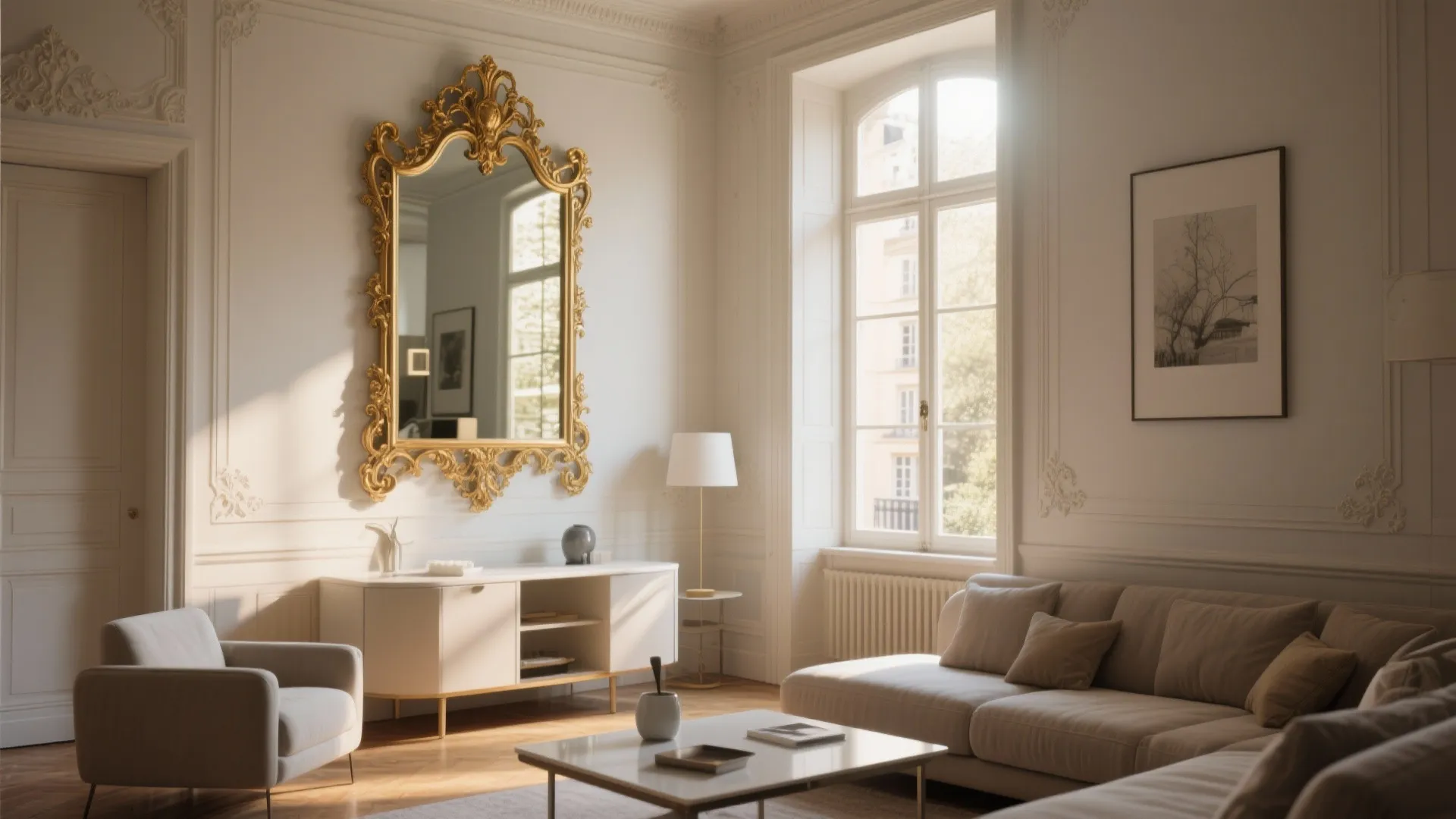 Compact living room with large ornate gilded mirror reflecting daylight