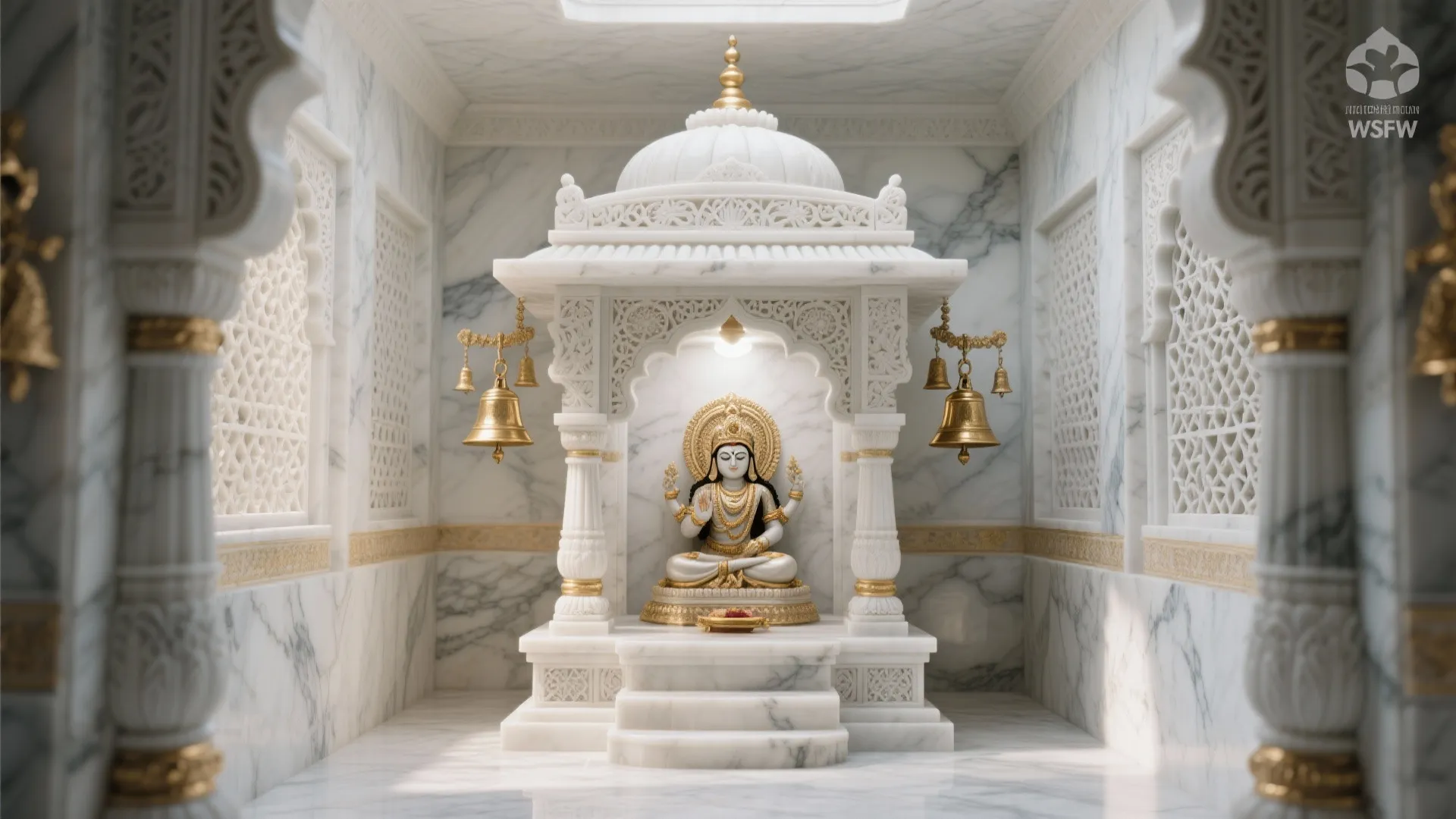 White marble prayer room with stone statue hanging bells and detailed interior design drawing style