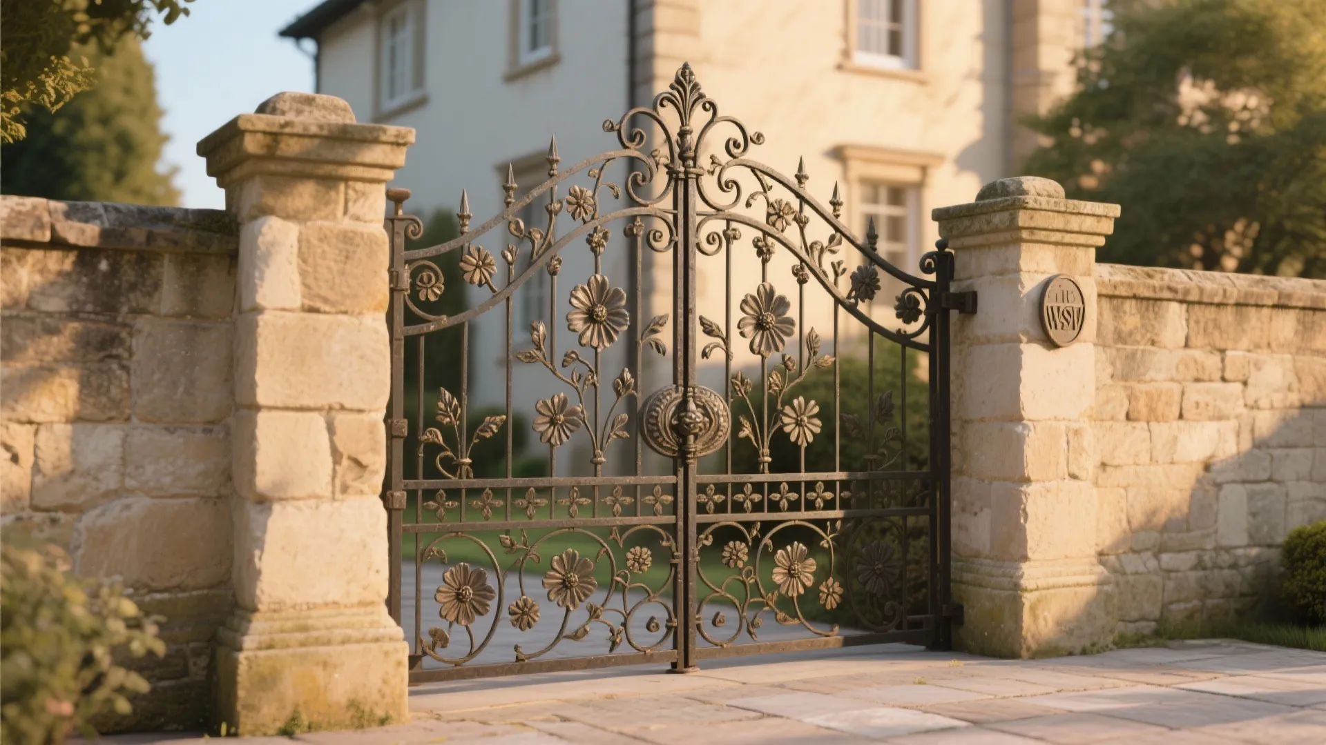 Vintage metal gate with flower patterns between stone pillars in front of a large house
