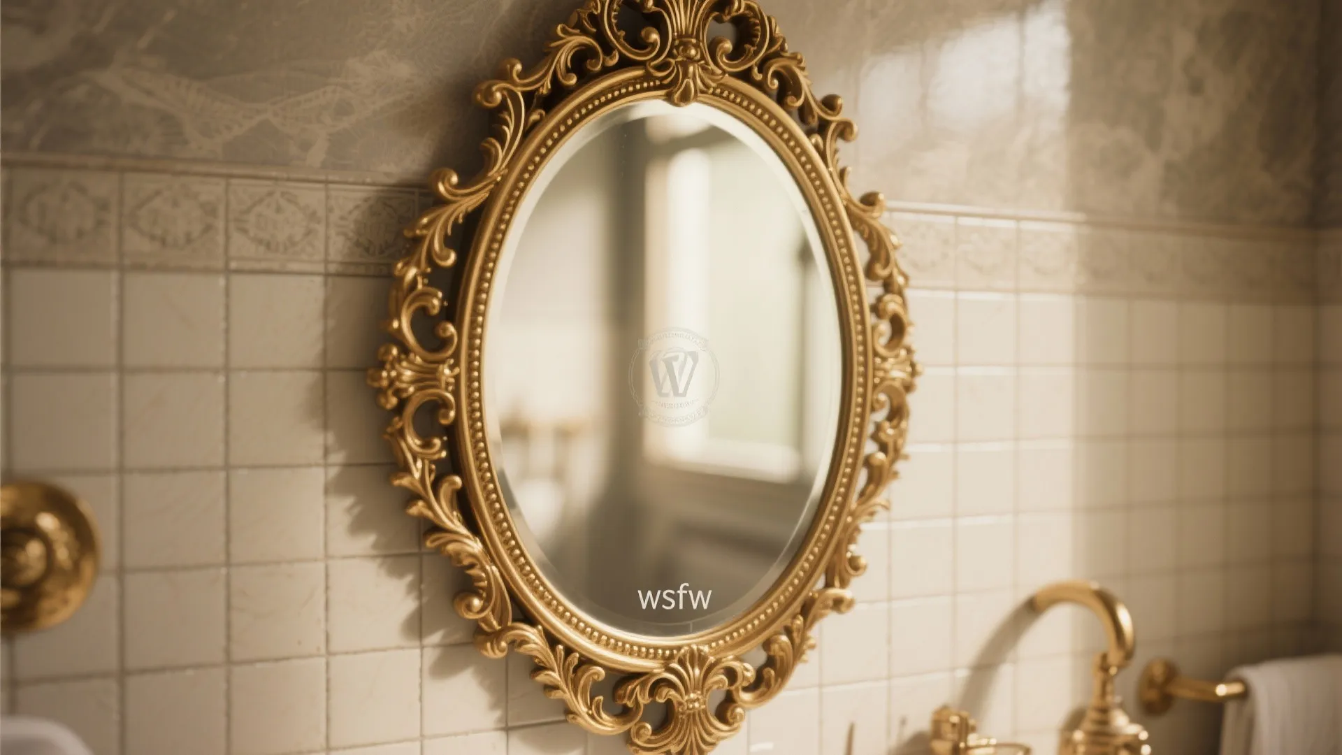 Vintage gold oval mirror on white tiled wall with gold sink faucet and warm lighting