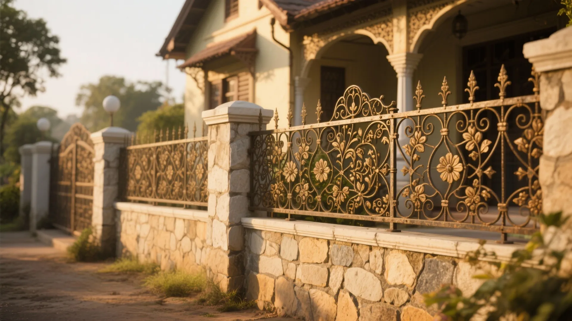 Decorative golden metal fence with flower patterns on a stone wall outside a sunny house