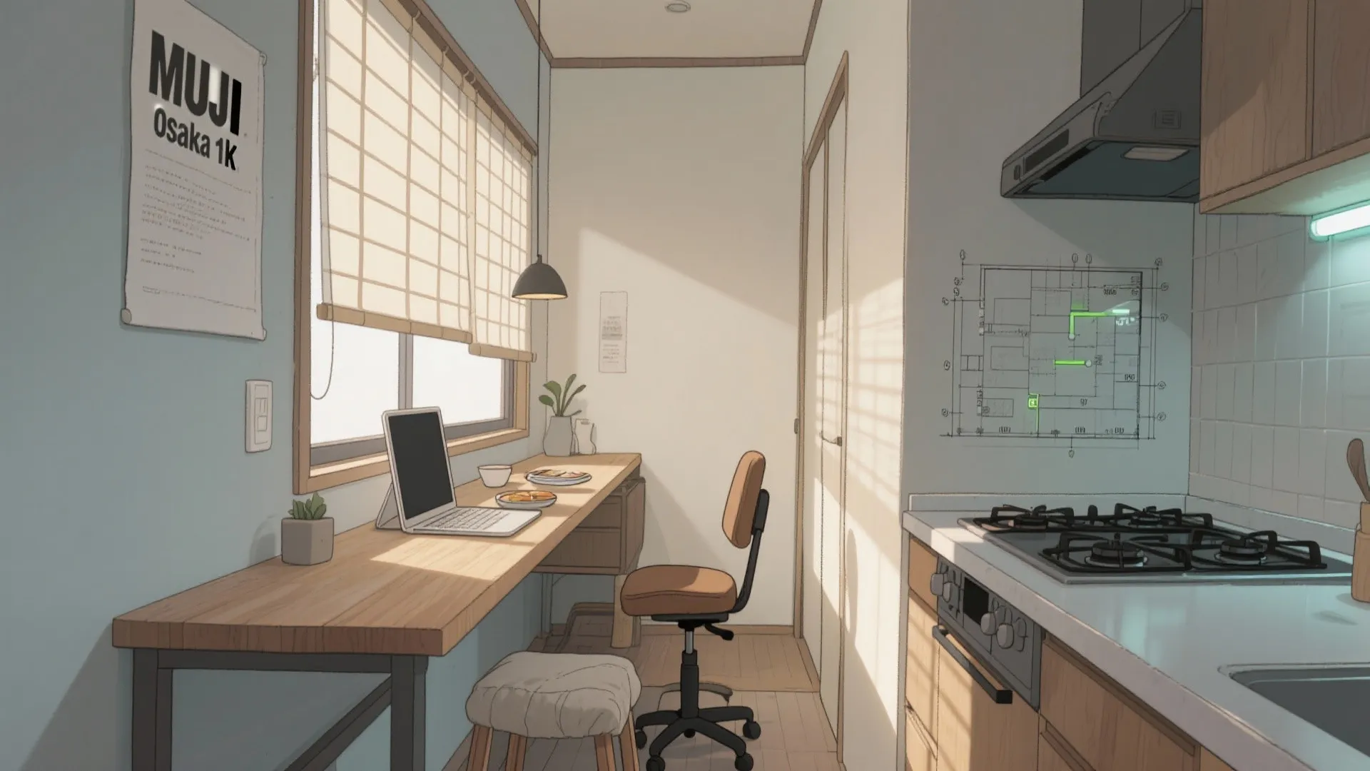 Tips 4: 1Kのキッチン側に作業カウンターを引き寄せる