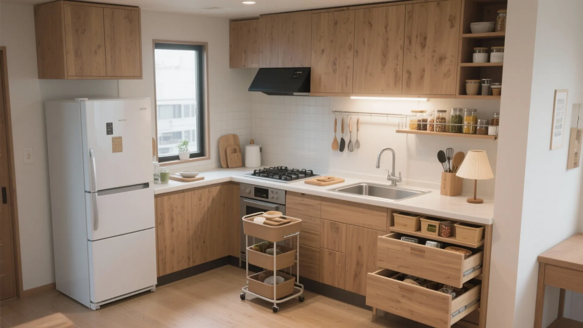 キッチンは“横移動3歩”で完結｜収納技巧で調理ゾーンを圧縮