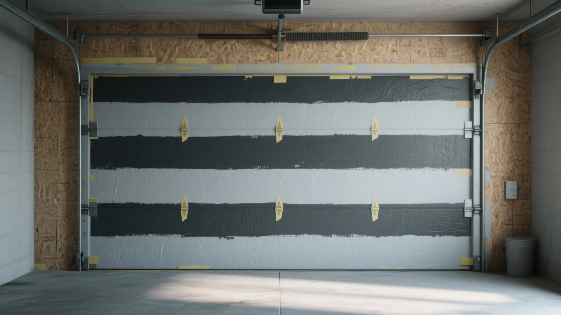 Garage interior showing a grey metal door being painted with bold horizontal black stripes pattern