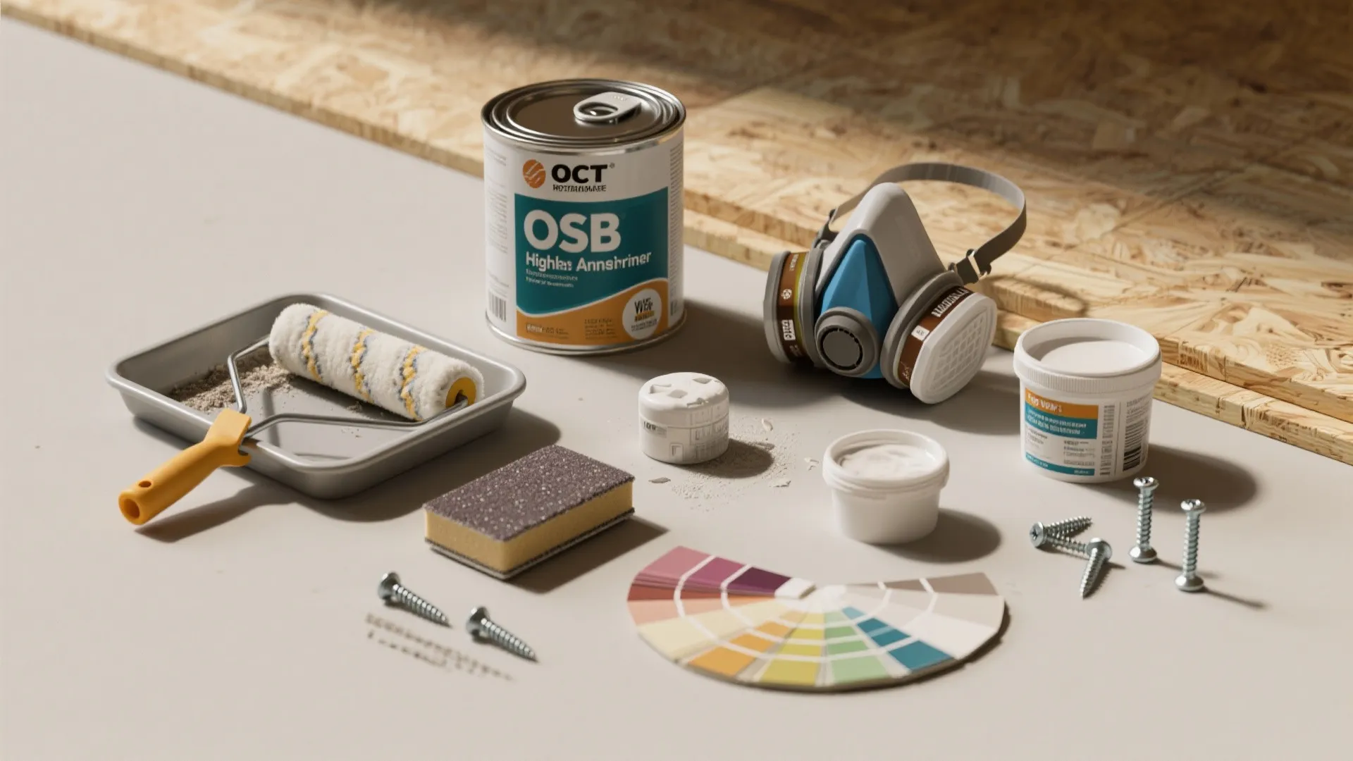 Various home improvement tools including paint roller paint can safety mask and color palette samples