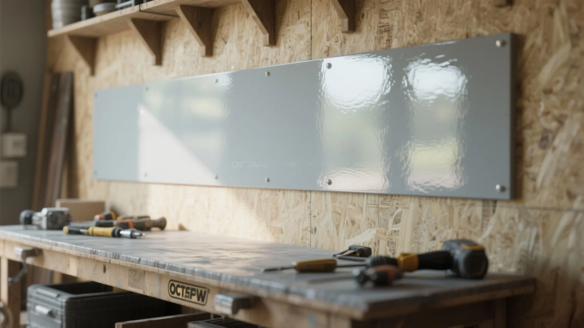 Workshop workbench with various hand tools and a shiny grey glossy wall panel decoration installed