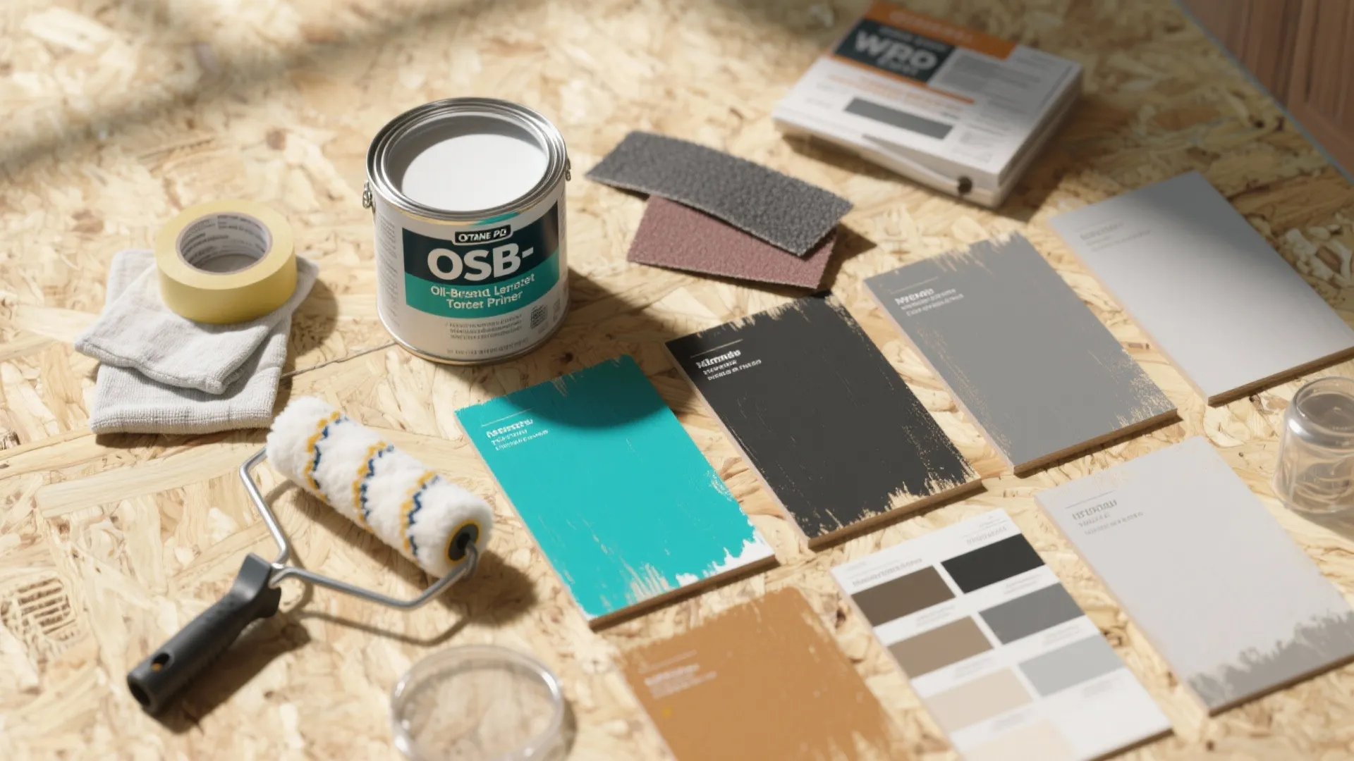 DIY painting materials including paint can roller tape and color samples on a wooden board