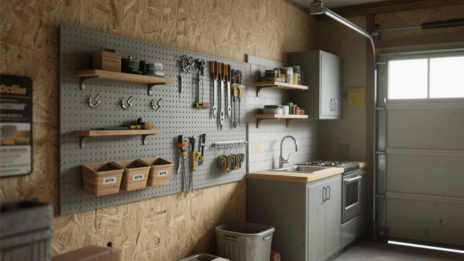 Wall mounted tool organizer with various hand tools and small wooden boxes in a tidy workshop
