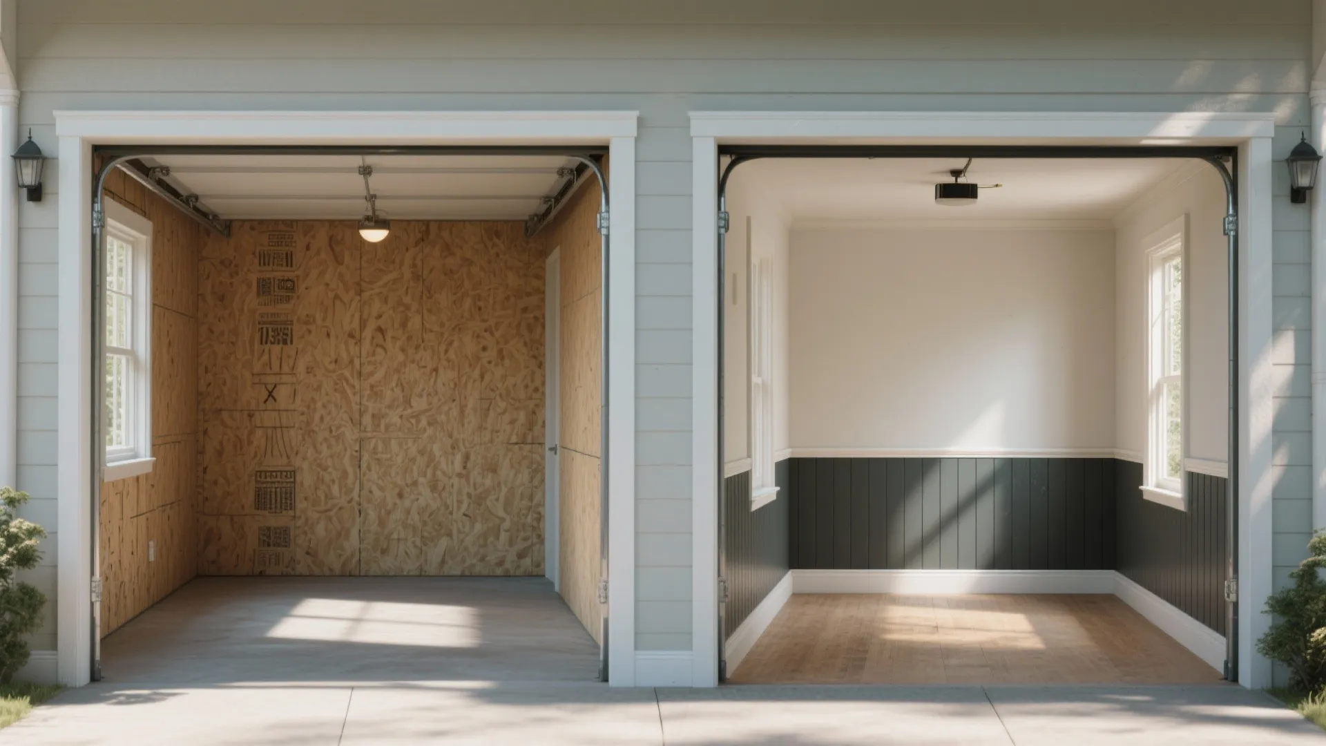 Comparison of a raw wood garage wall versus a finished interior with grey wall panels