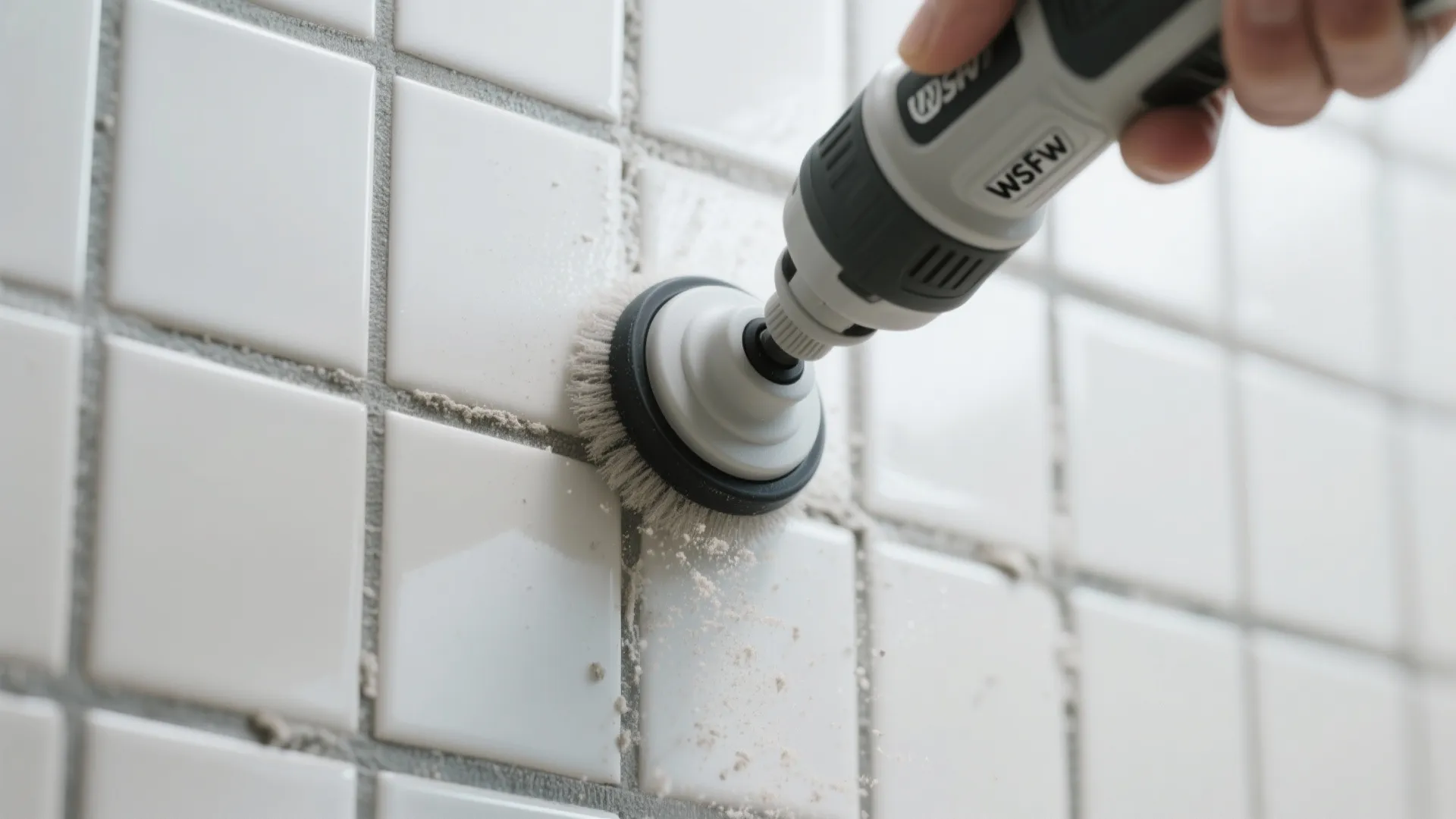 Macro view of an oscillating grout tool cleaning a white tile grout line.