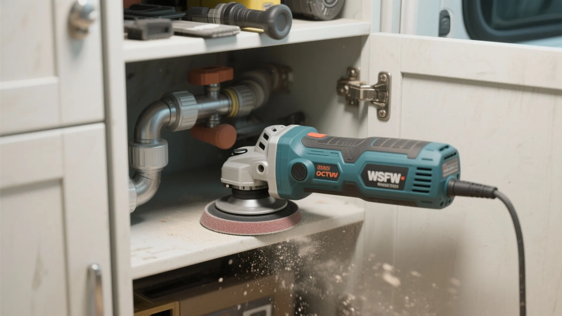 Power tool with round sanding pad used inside white cabinet near metal pipes with sawdust