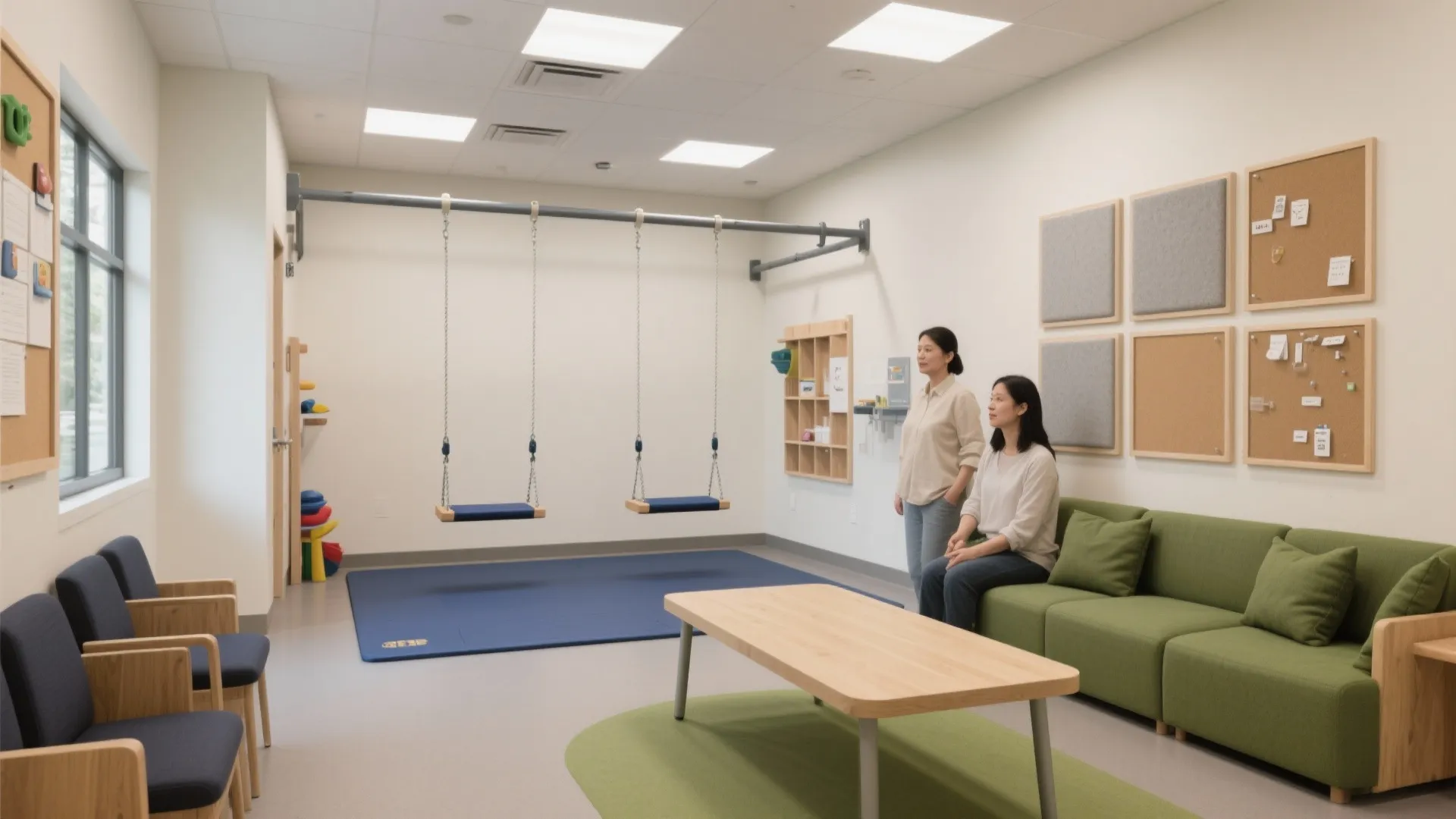 Therapy room with indoor swings blue floor mat green sofa and two women sitting inside