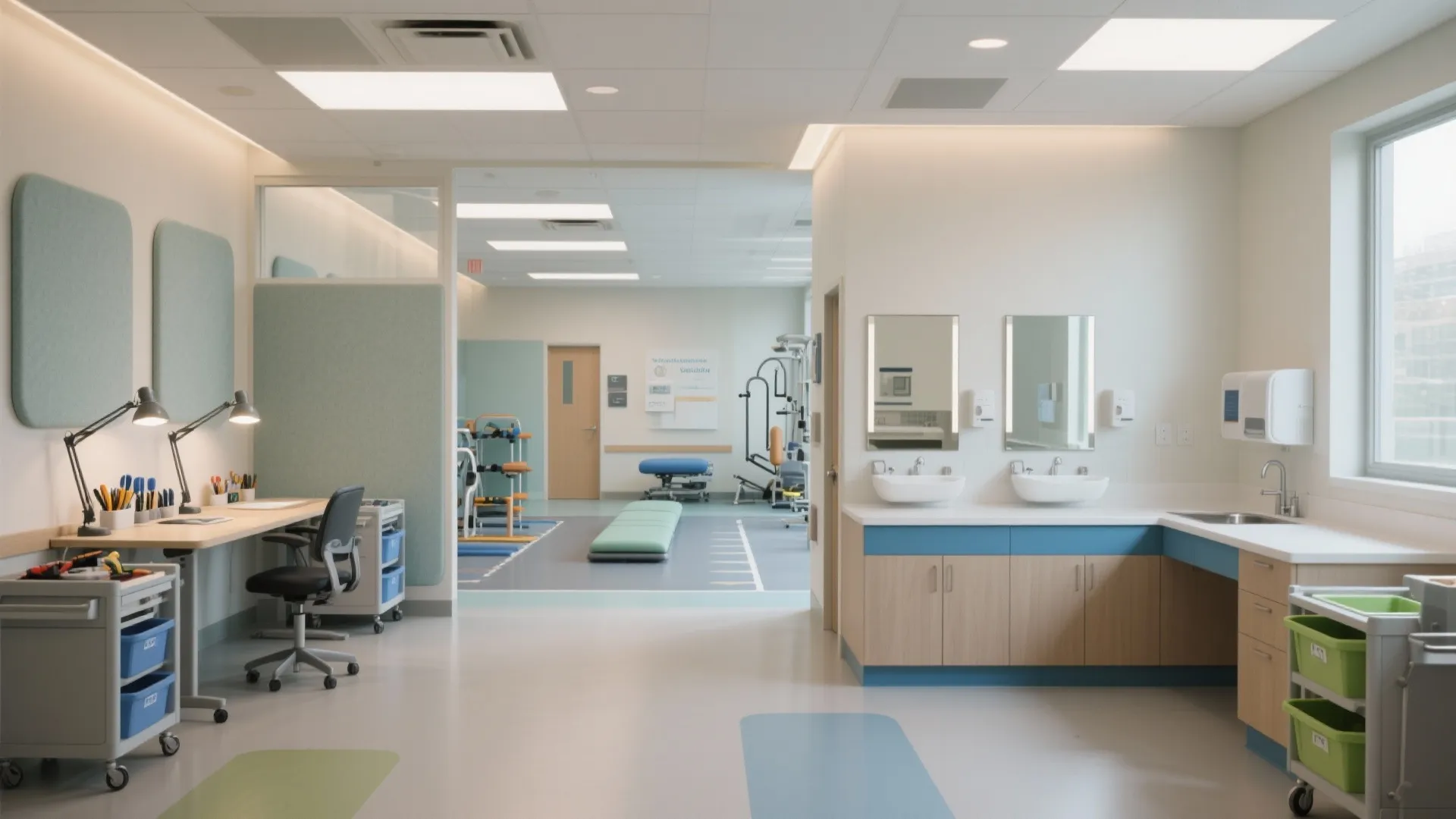 Modern physical therapy room with exercise equipment wooden cabinets white sinks desk and bright window lights