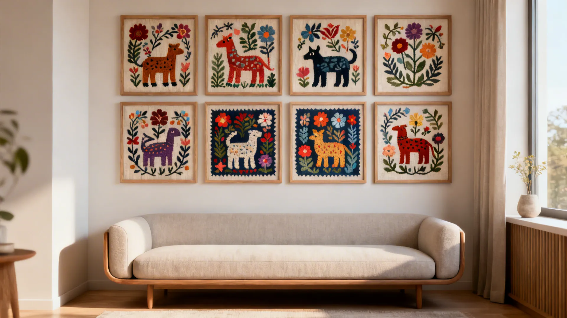 Grid of framed Otomi textile panels above a slim sofa in a compact living room.