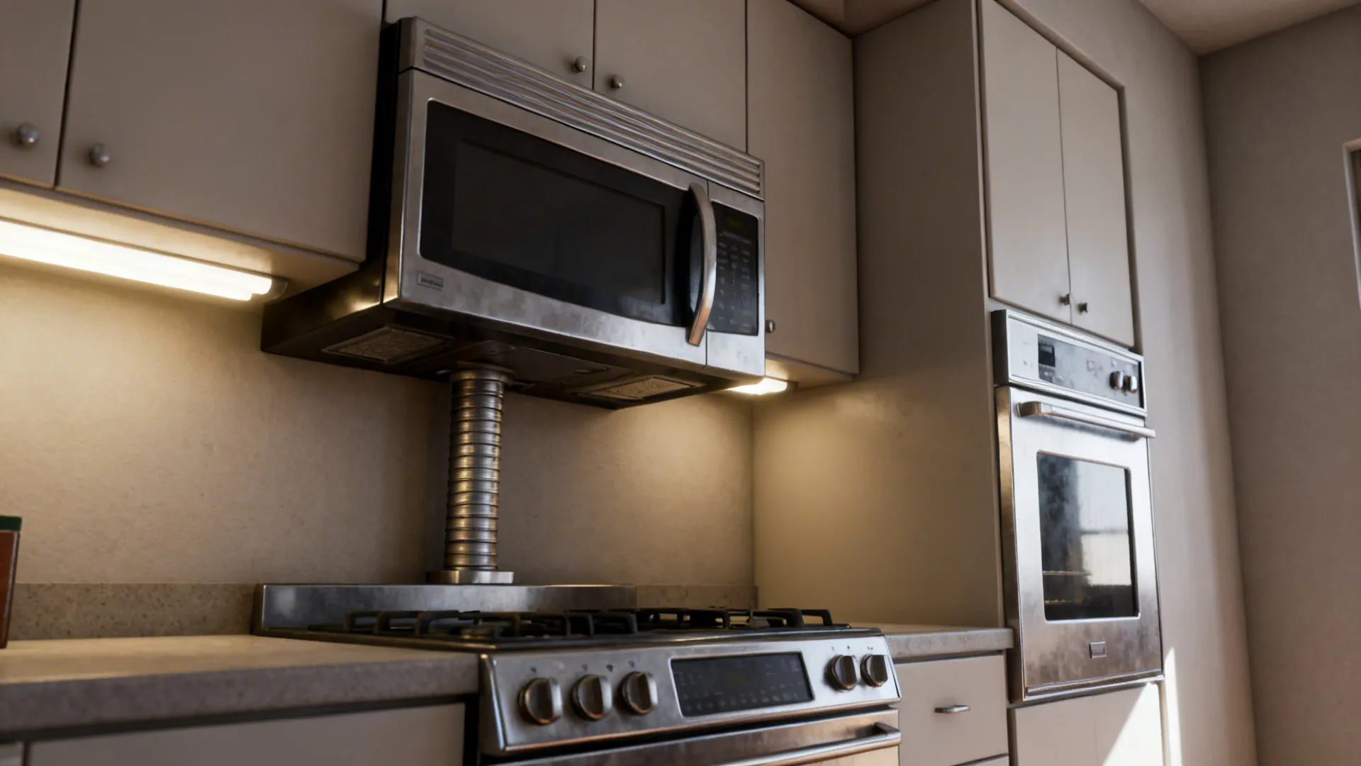 Over-the-range microwave above cooktop with a separate wall oven in a nearby tall cabinet