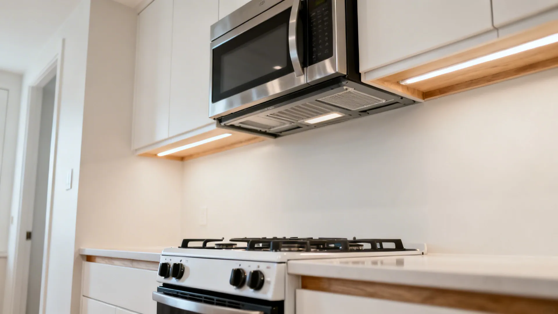 Compact cookline with a stainless over-the-range microwave and task lighting.