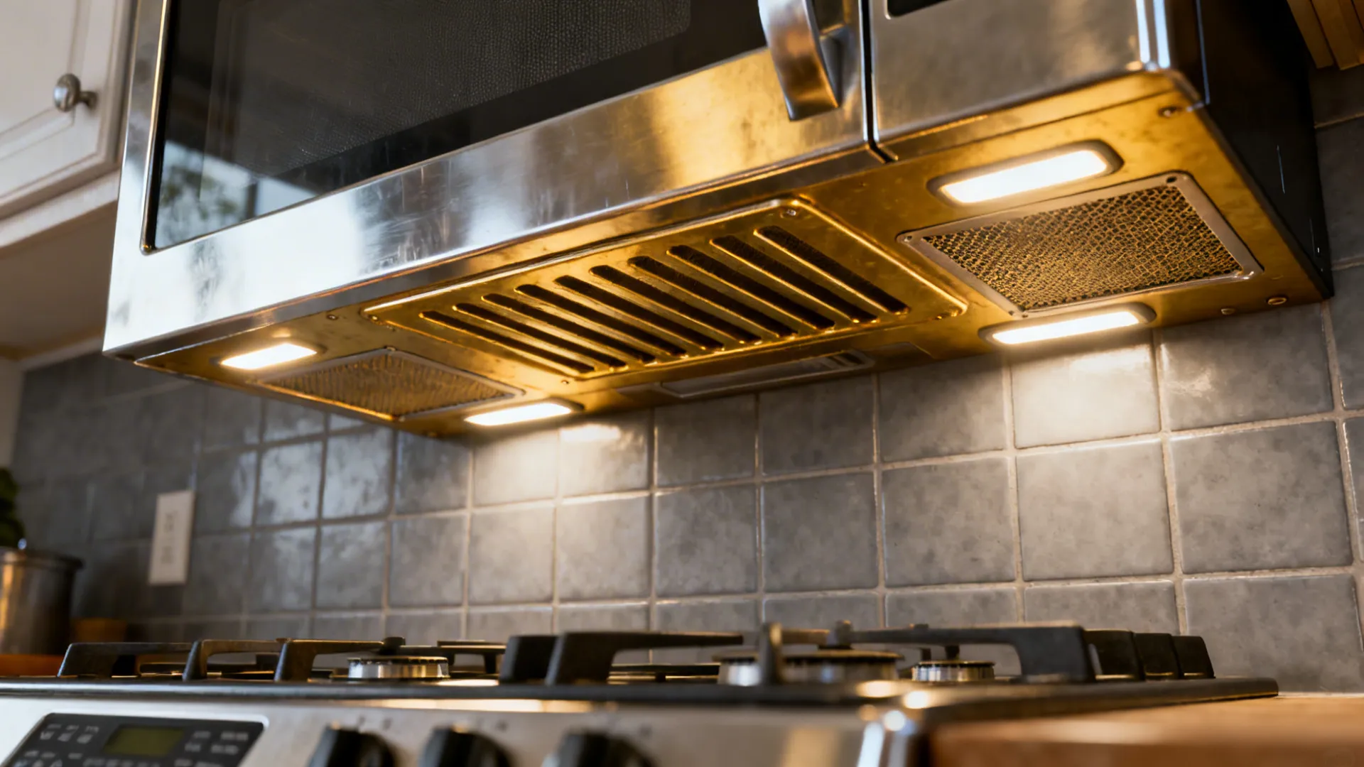 Close-up of over-the-range microwave vent and task lights over a cooktop
