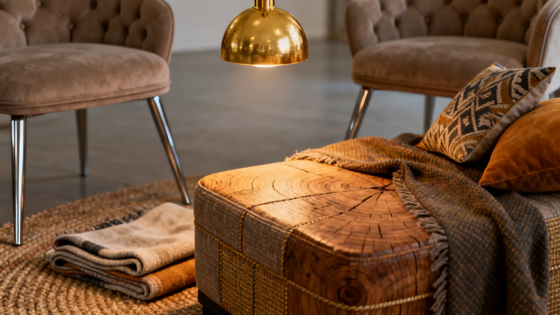 Close up of a wooden footrest with patterned cushions and gold light fixture in cozy room