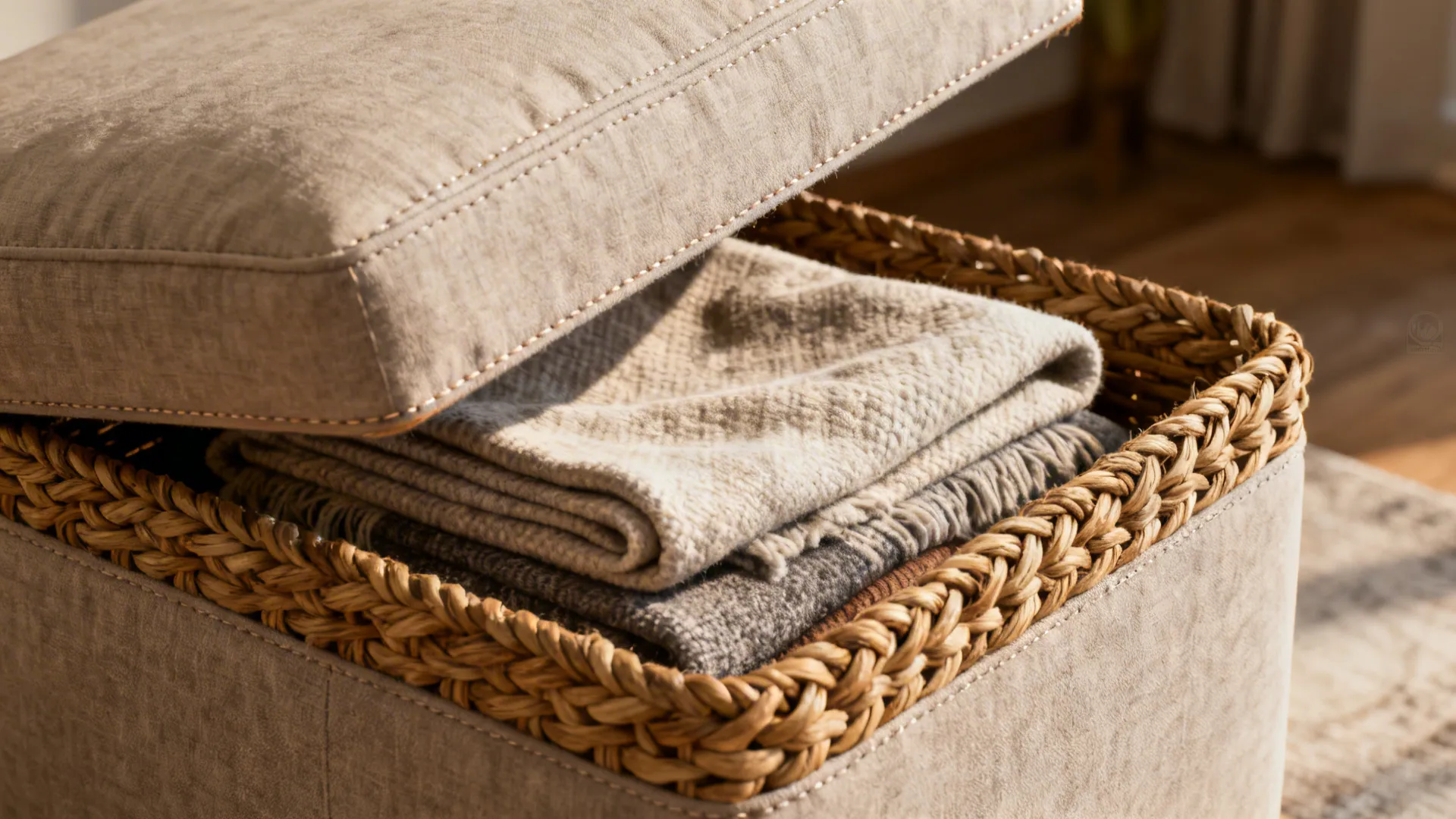 Ottoman with a removable woven basket insert containing folded throws.